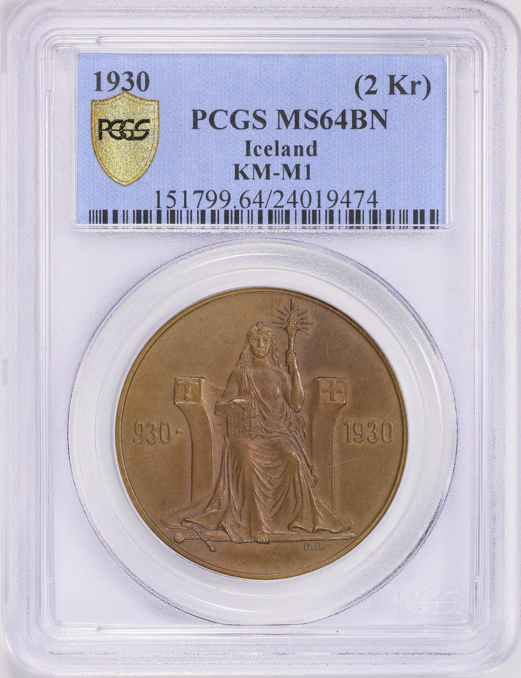 Iceland 1930 2 Kronur Althing 1,000 Year Anniversary KM-X1 PCGS MS-64 ...