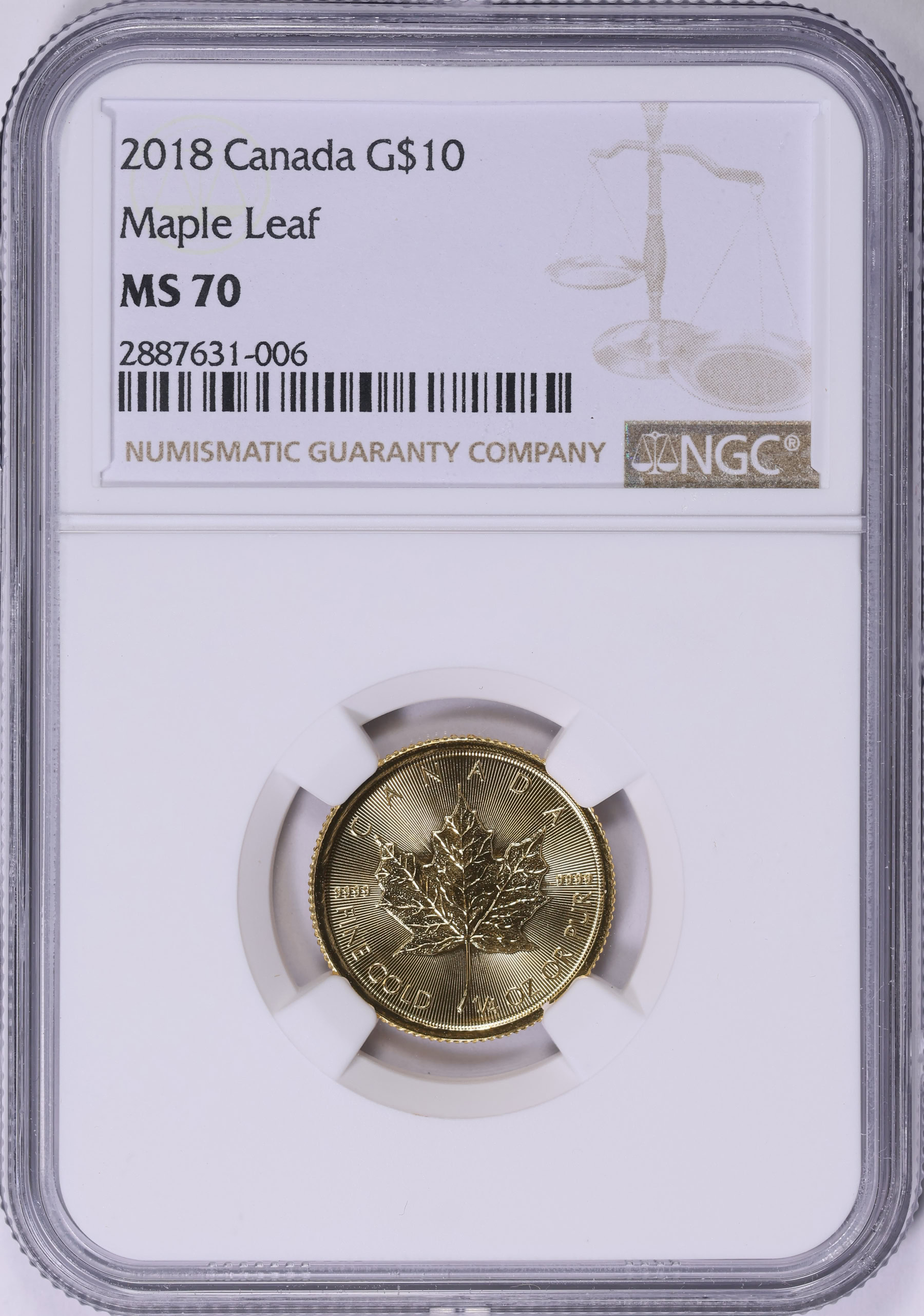 Canada 2018 Gold $10 Maple Leaf KM-2662 NGC MS-70 (AGW = 0.25 oz