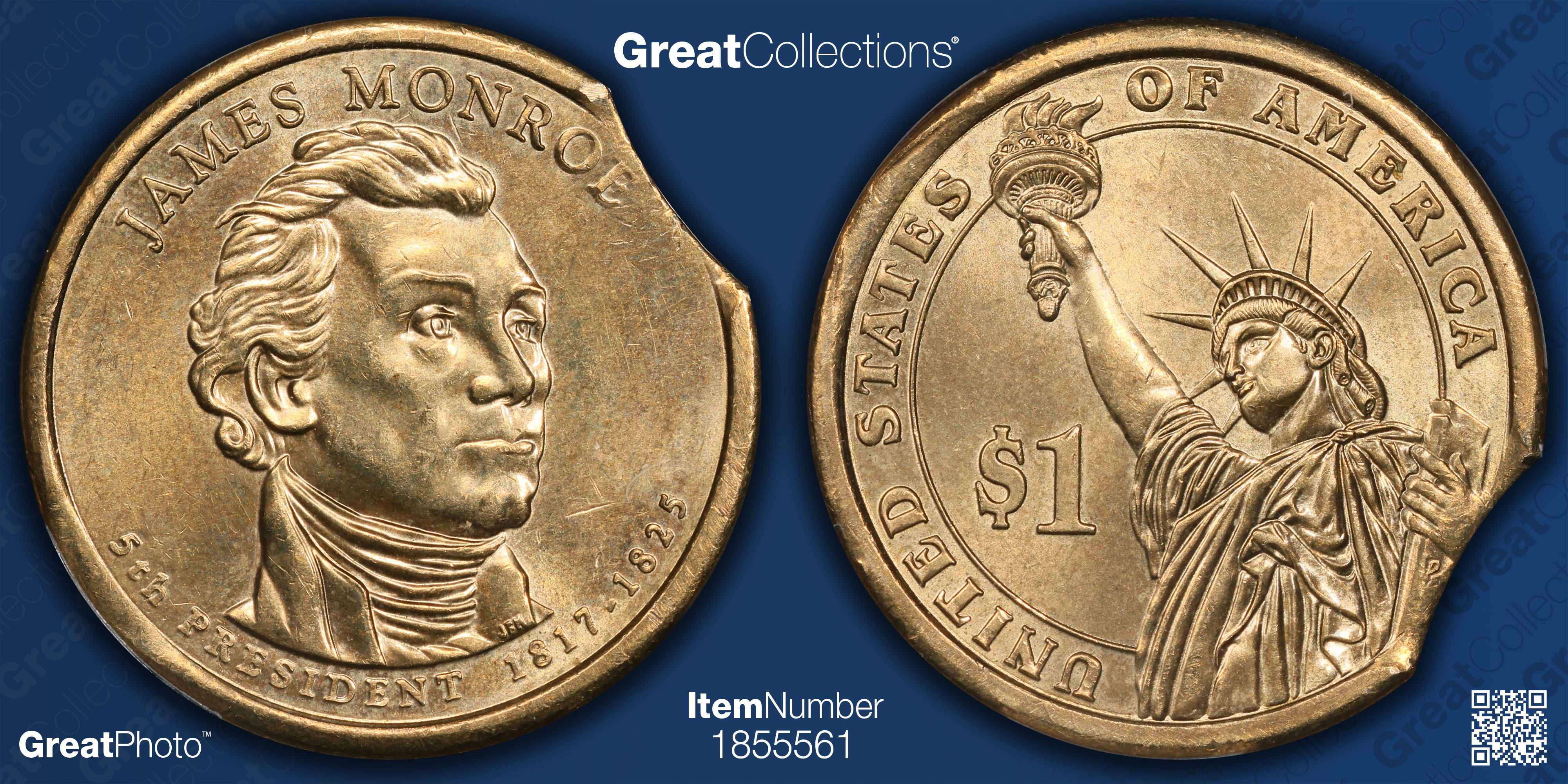 Mint Error 2008-D Presidential Dollar James Monroe Curved Clip
