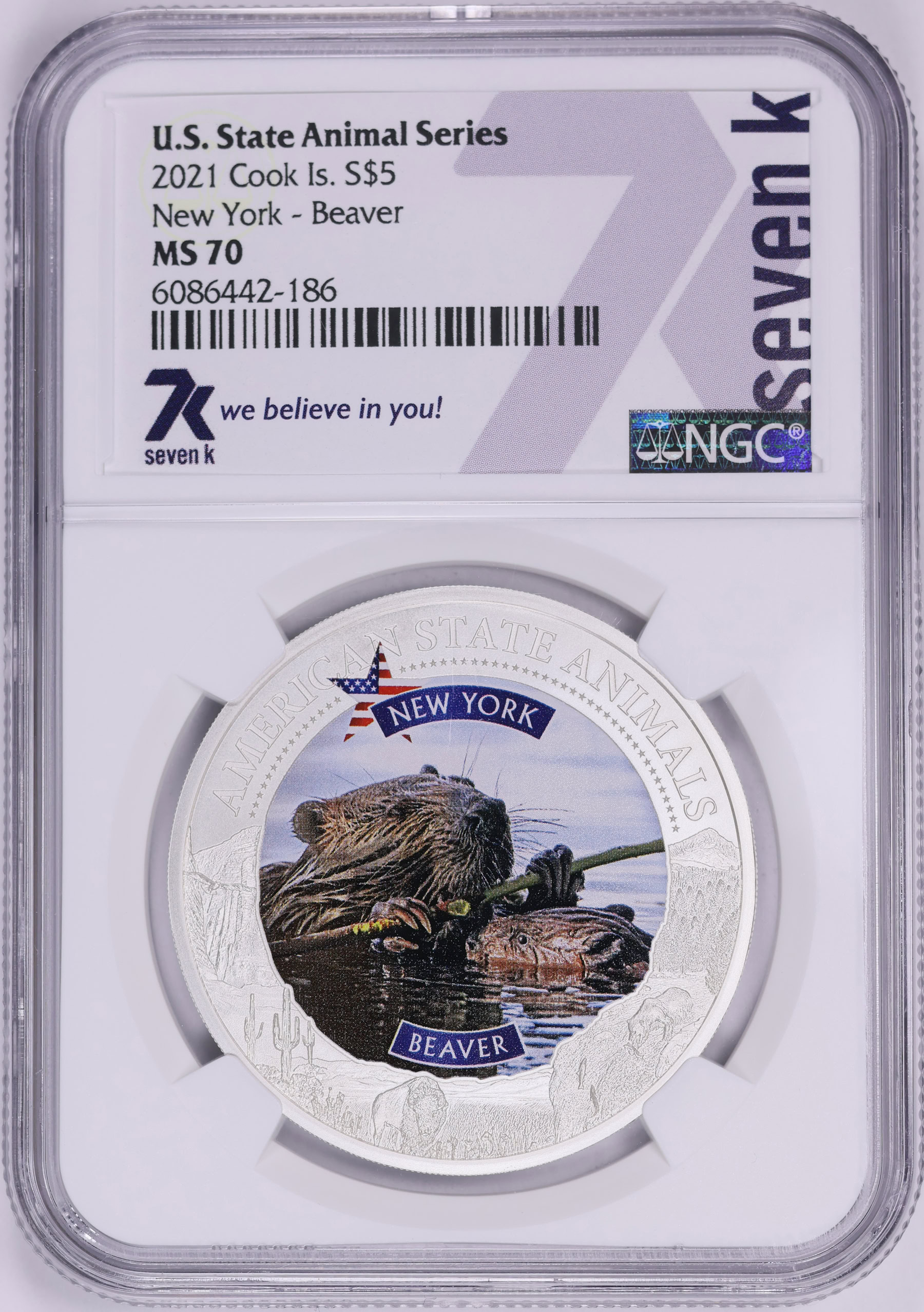 Cook Islands 2021 Silver $5 U.S. State Animal Series New York Beaver ...