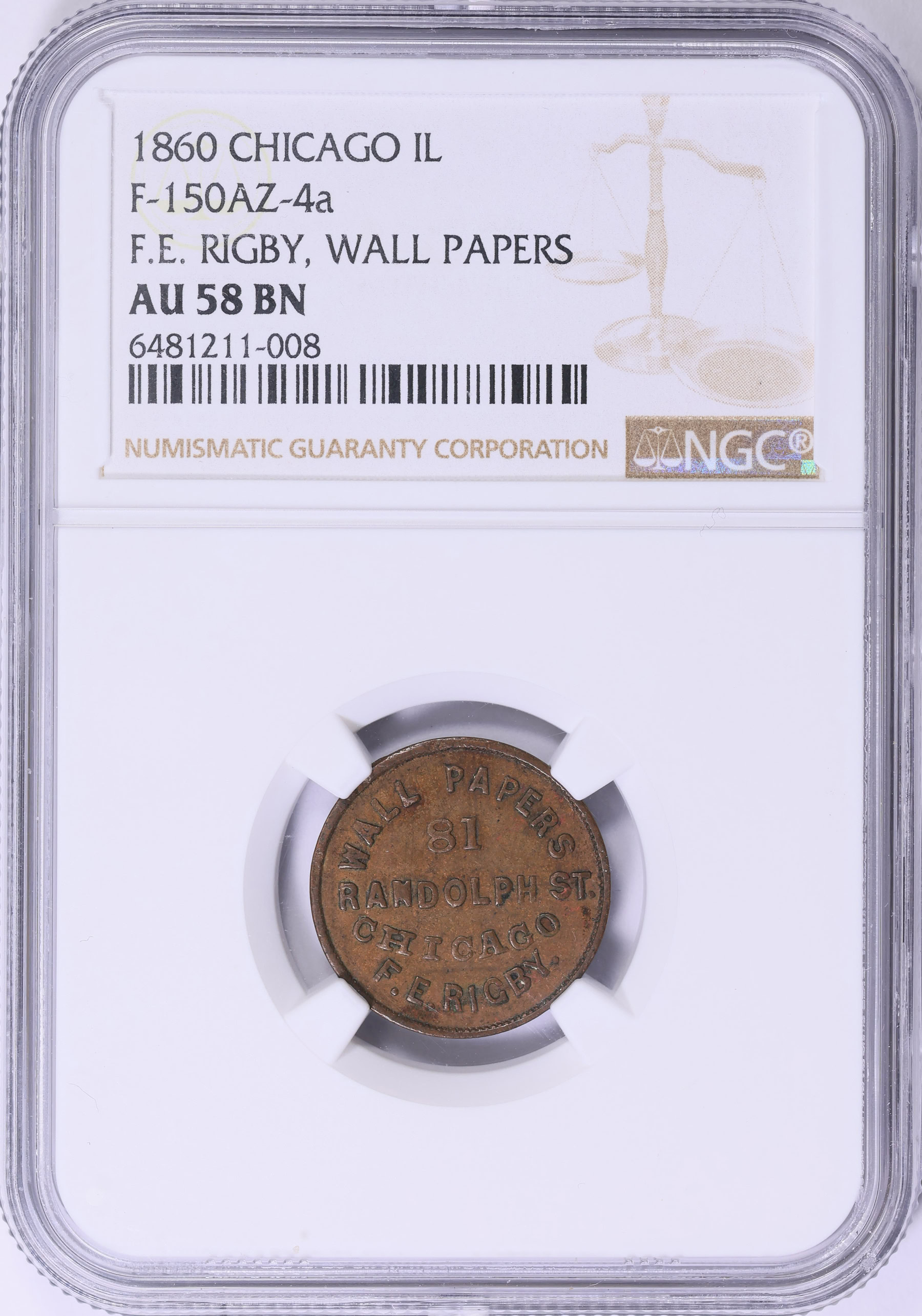 Token Paper 1860 Chicago, Illinois F.E. Rigby, Wall Papers Civil War Token F-150AZ ...