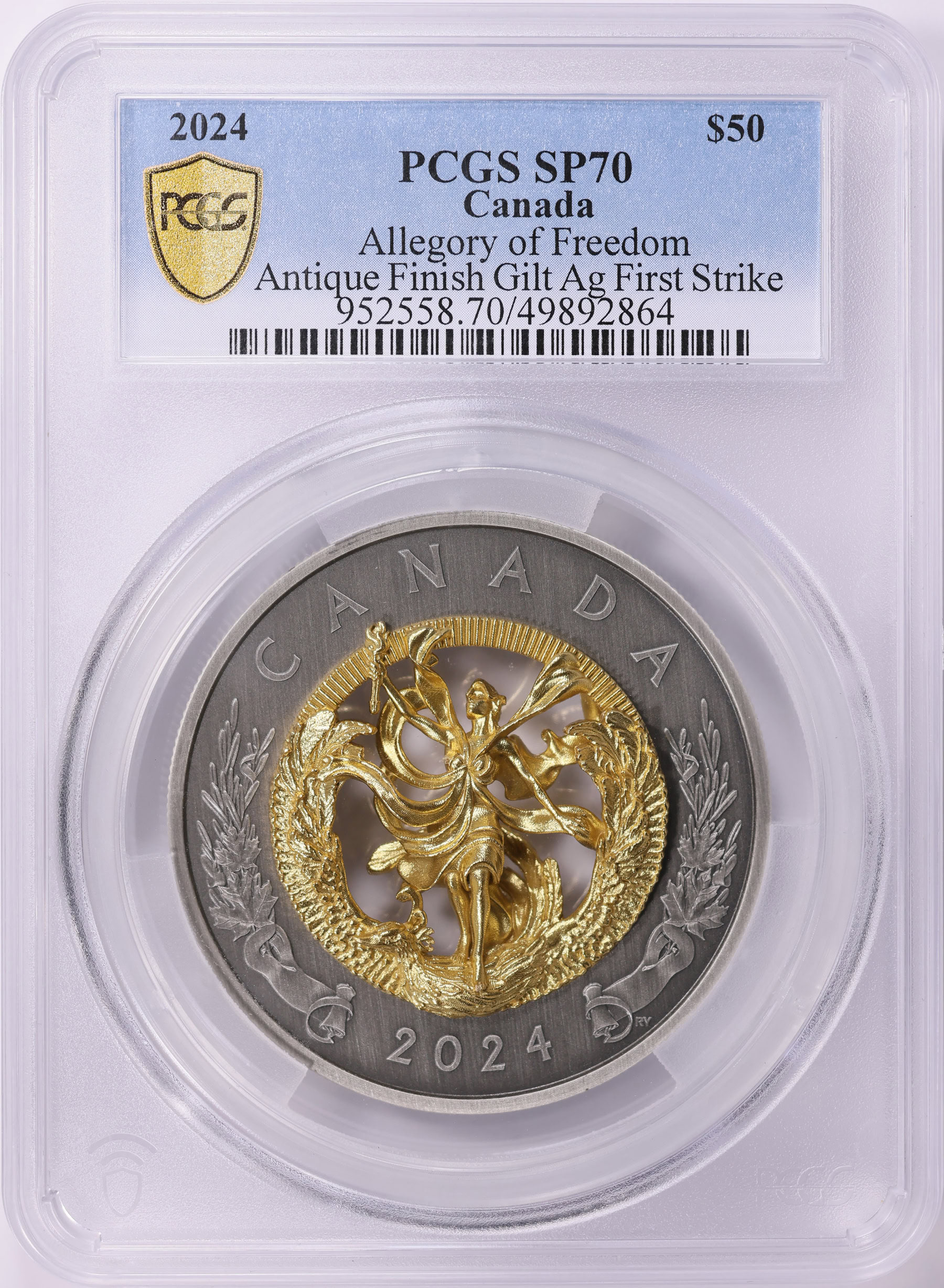 Canada 2024 Gilt Silver $50 Allegory of Freedom Antique Finish