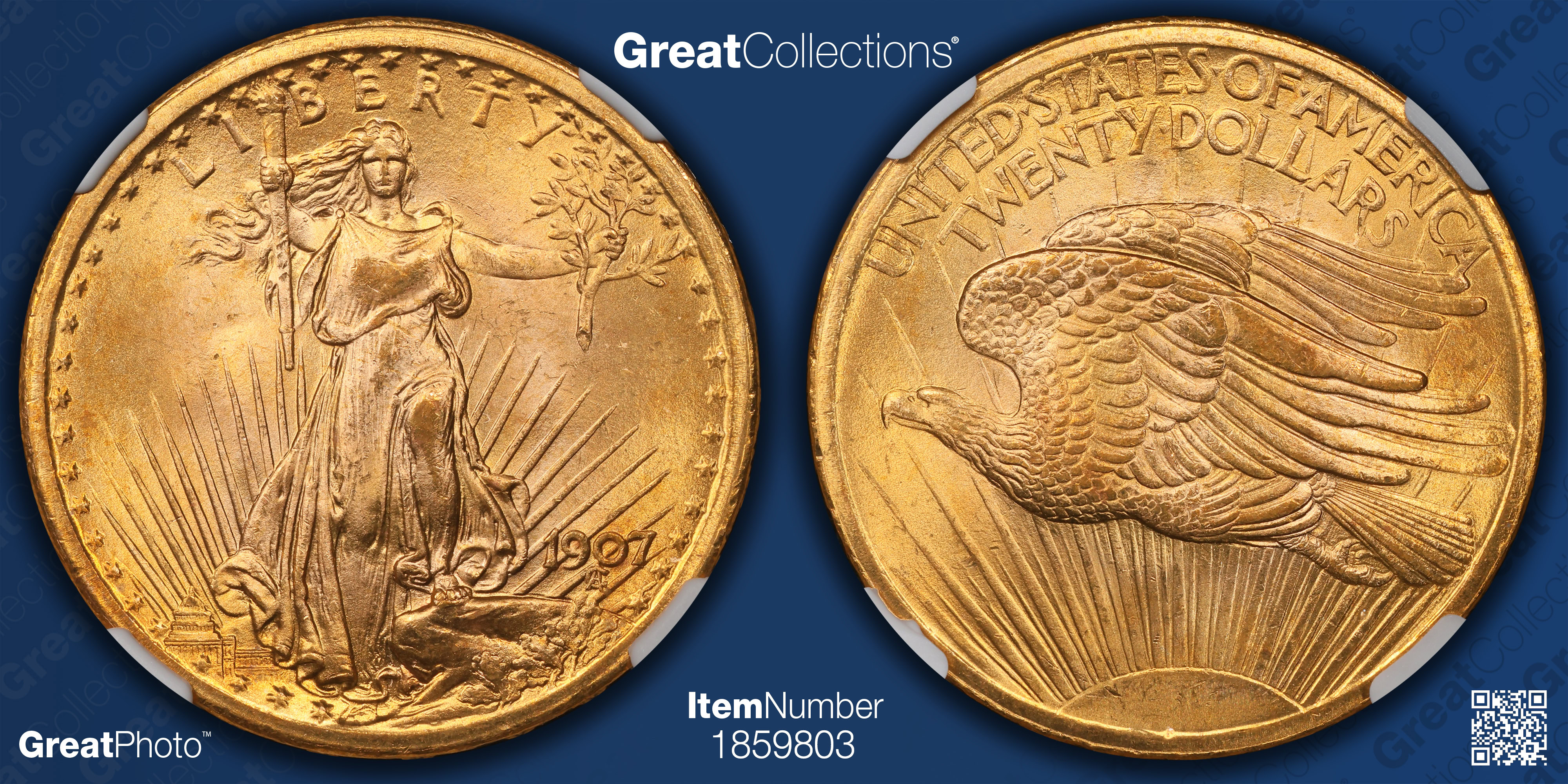 1907 Saint-Gaudens Gold Double Eagle Arabic Numerals NGC MS-66
