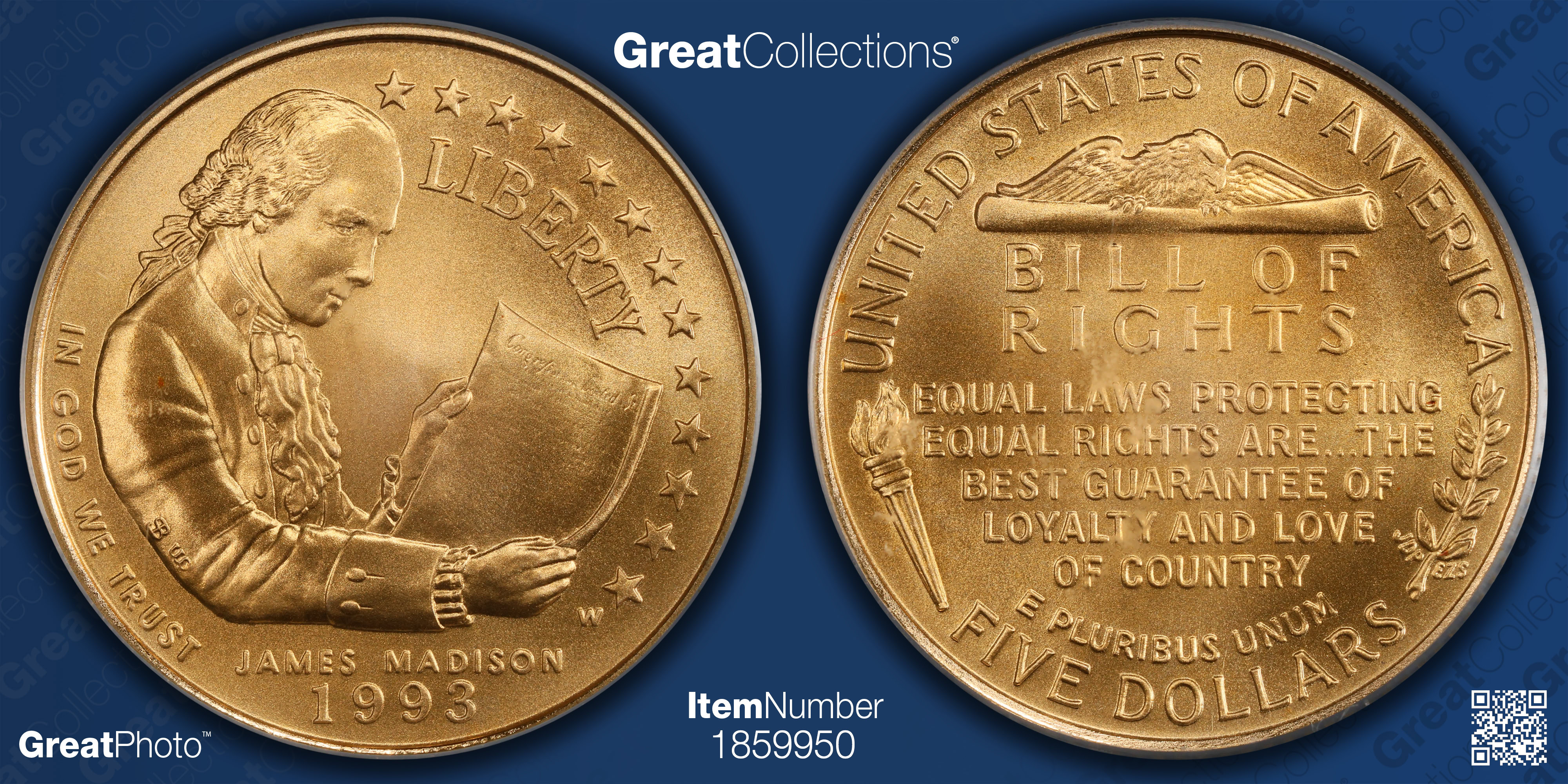1993-W James Madison and Bill of Rights Gold $5 PCGS MS-69 (US