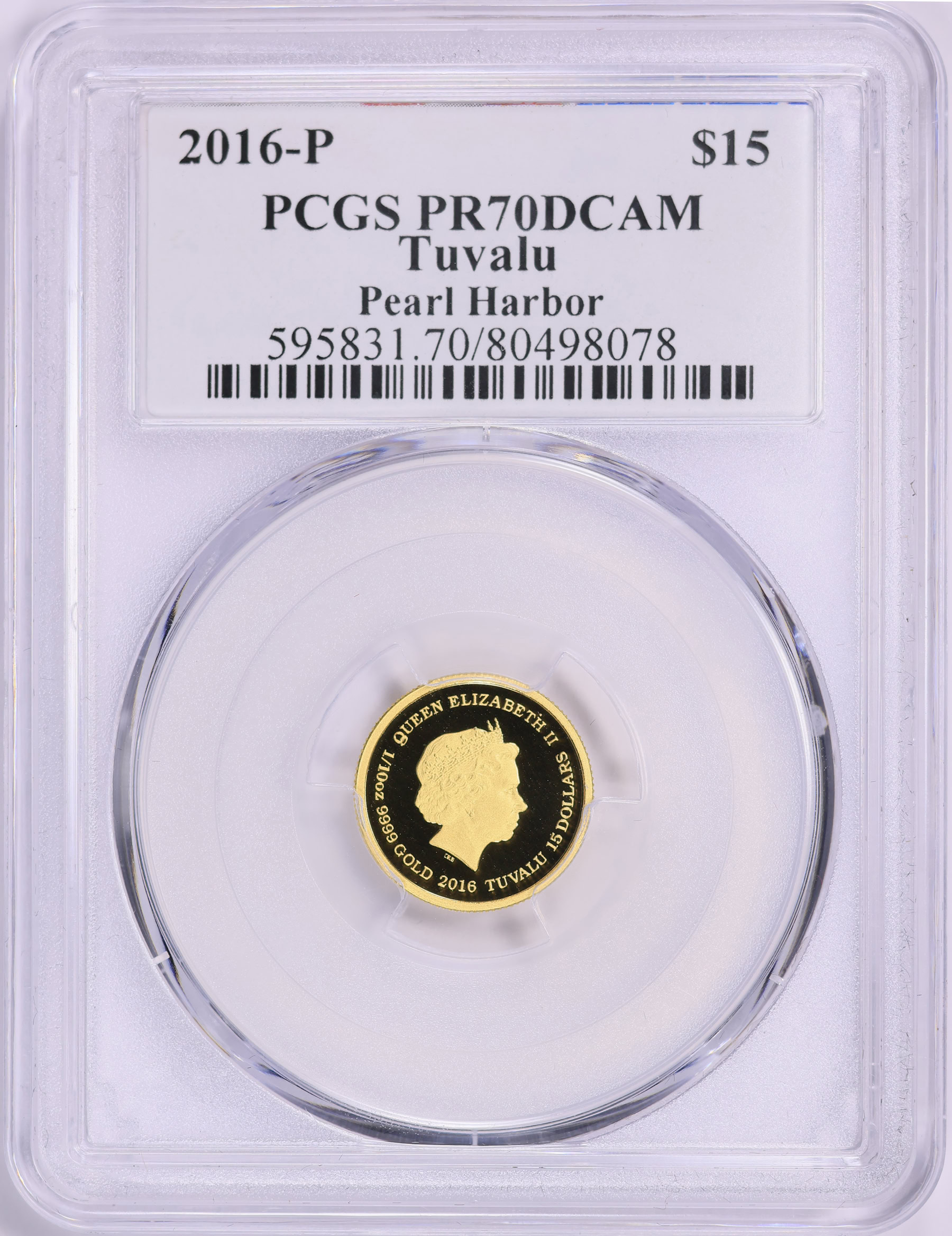 Tuvalu 2016-P Gold $15 Pearl Harbor PCGS Proof-70 DCAM (AGW = 0.10