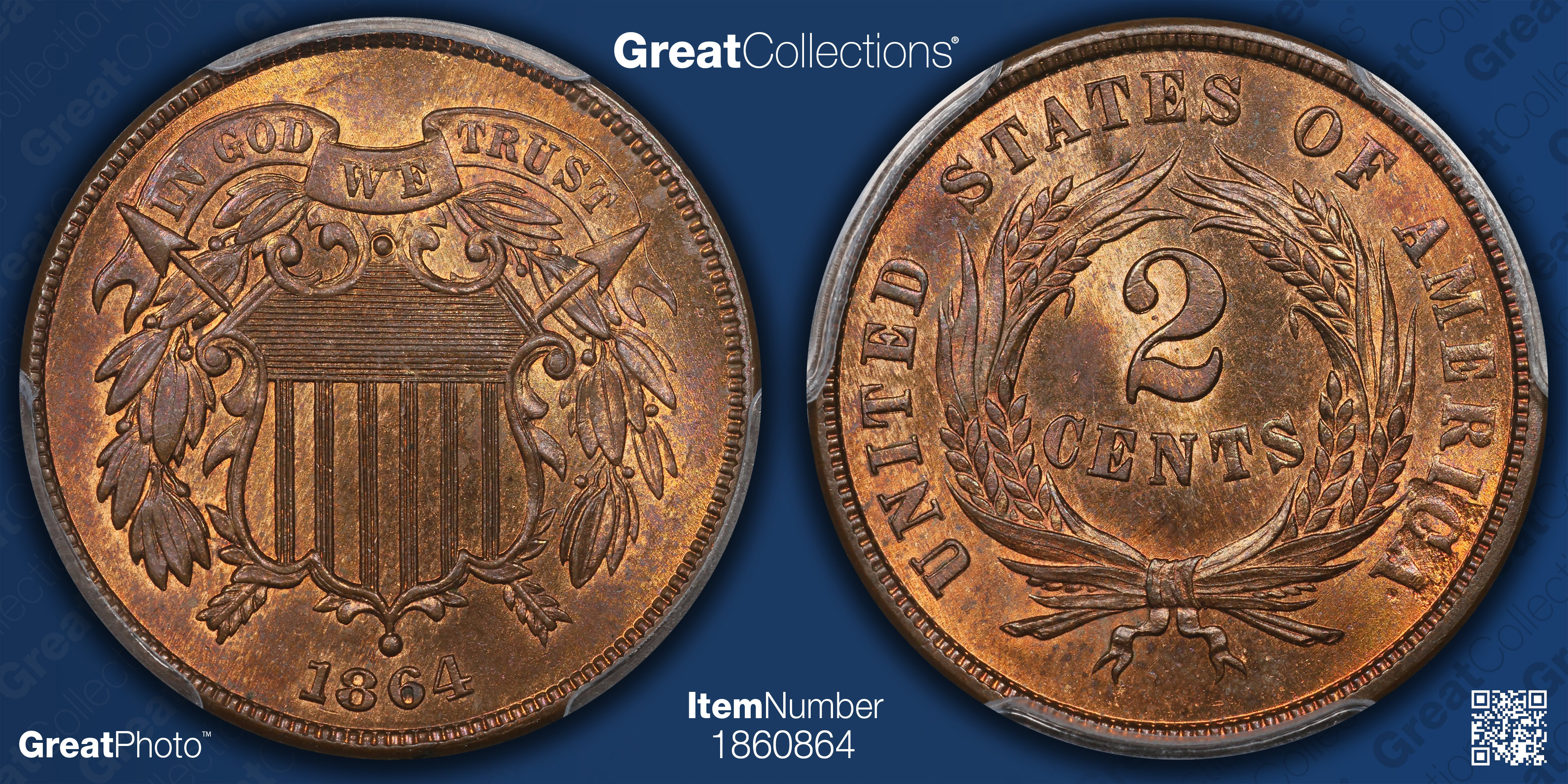 1864 Two-Cent Piece Large Motto, DDO FS-1101 (FS-001) PCGS MS-65 RB ...