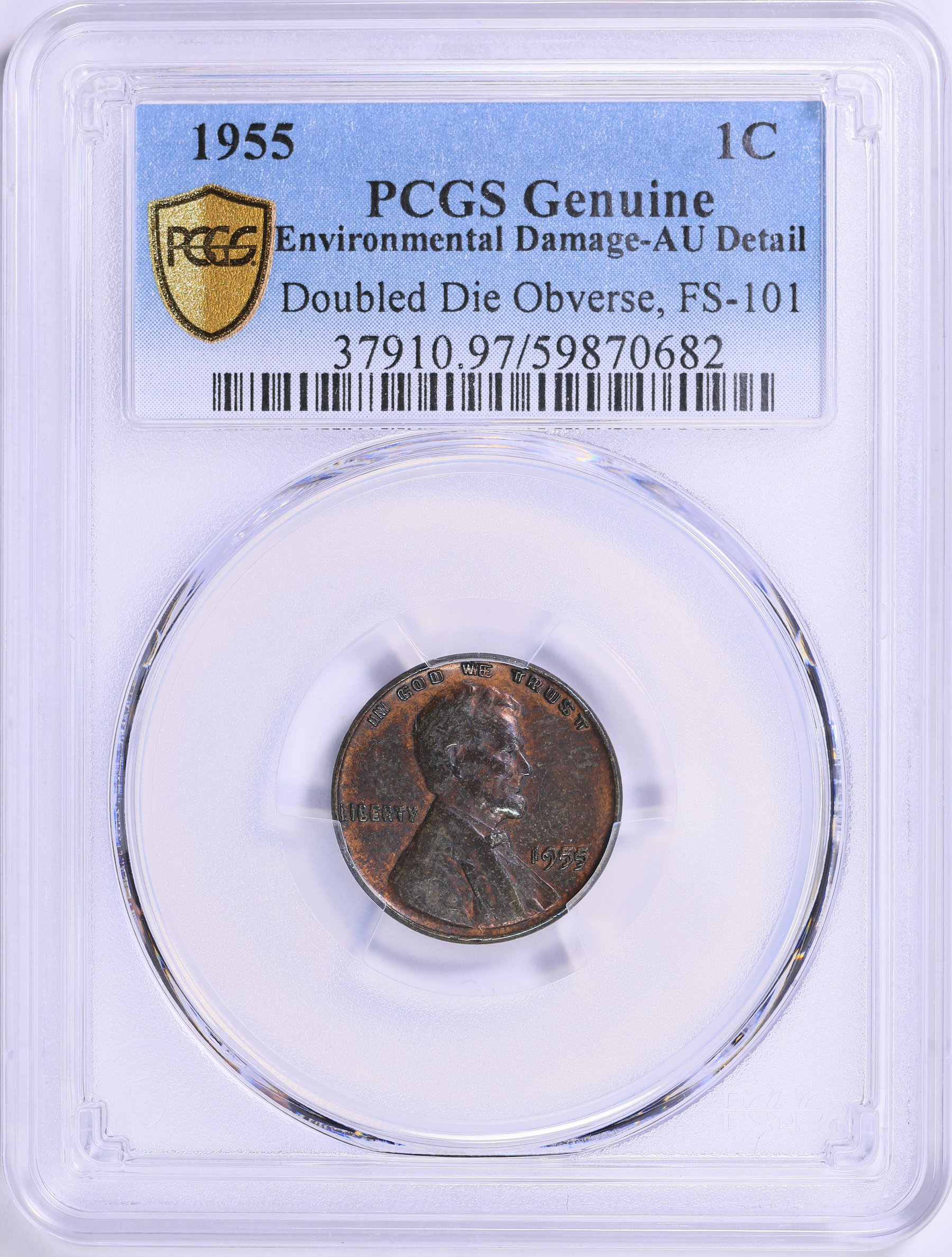 1955 Lincoln Cent Doubled Die Obverse FS-101 PCGS Genuine AU Details ...
