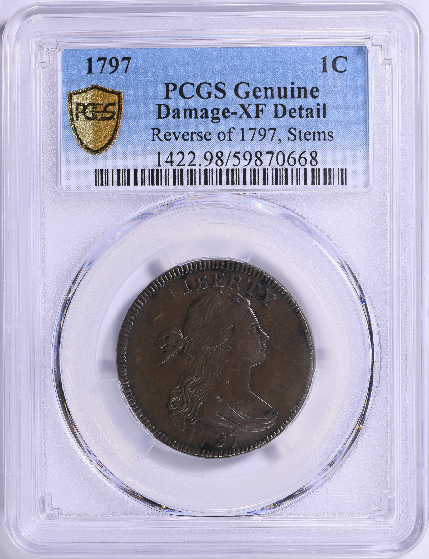 1797 Draped Bust Cent Reverse of 1797, Stems PCGS Genuine XF Details ...