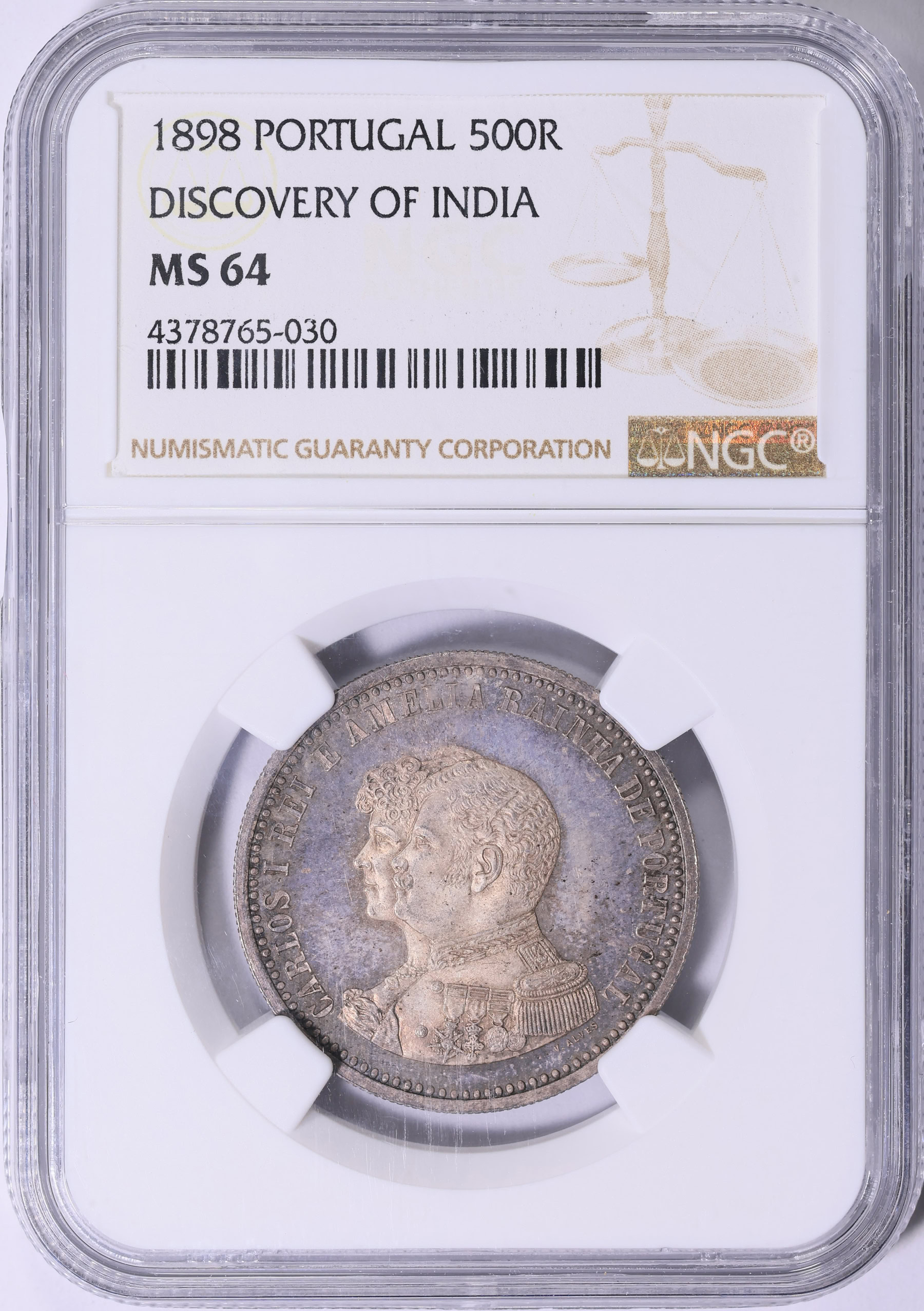 美品 NGC-MS61 ポルトガル 1898 500レイス 銀貨 Portugal 500 Reis KM