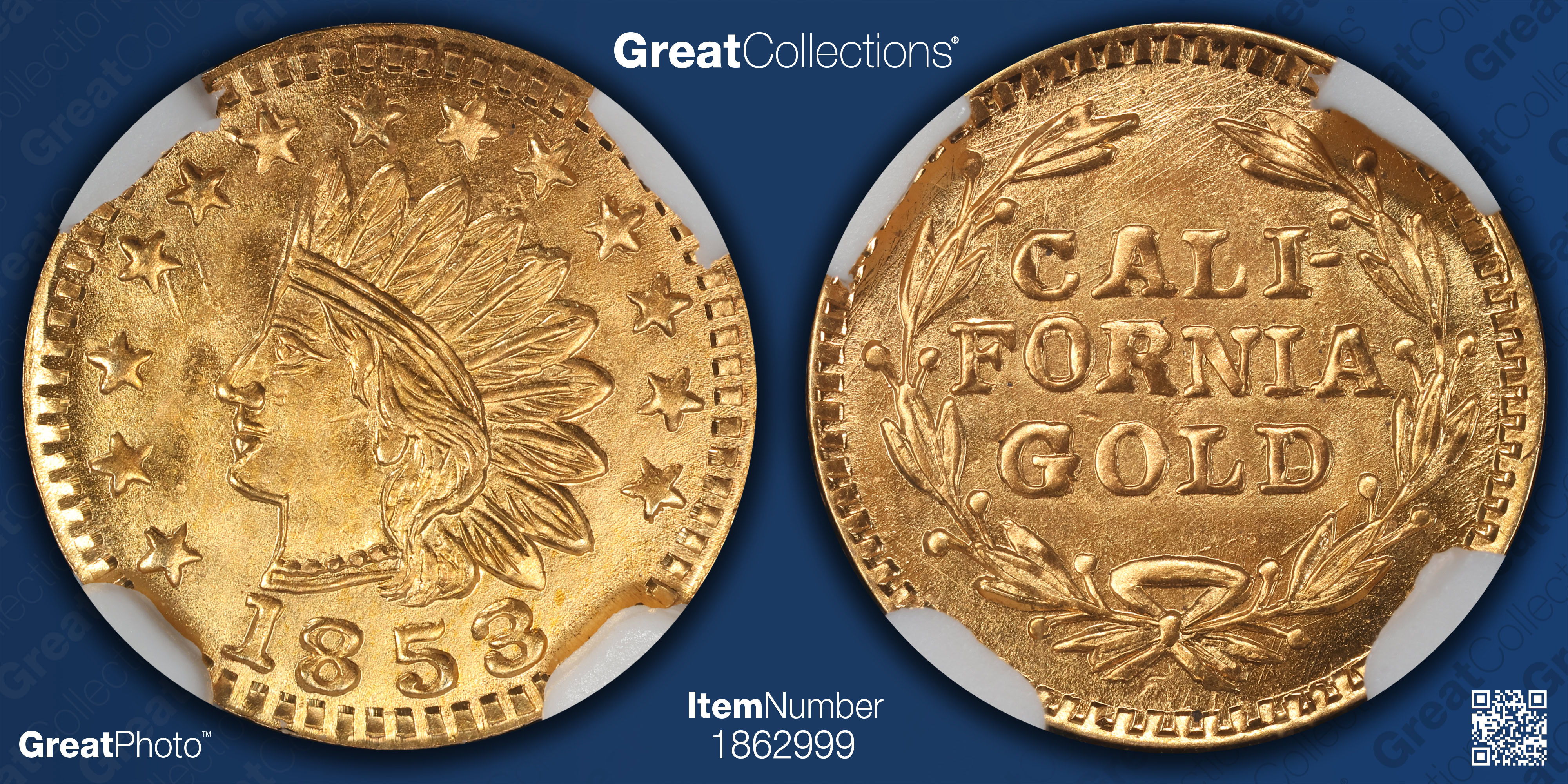 1853-Dated California Fractional Gold Token Indian - Wreath #8 Round 11.9mm  NGC MS-68 | NGC Cert #5971358-011 | GreatCollections Coin Auctions Item  #1862999