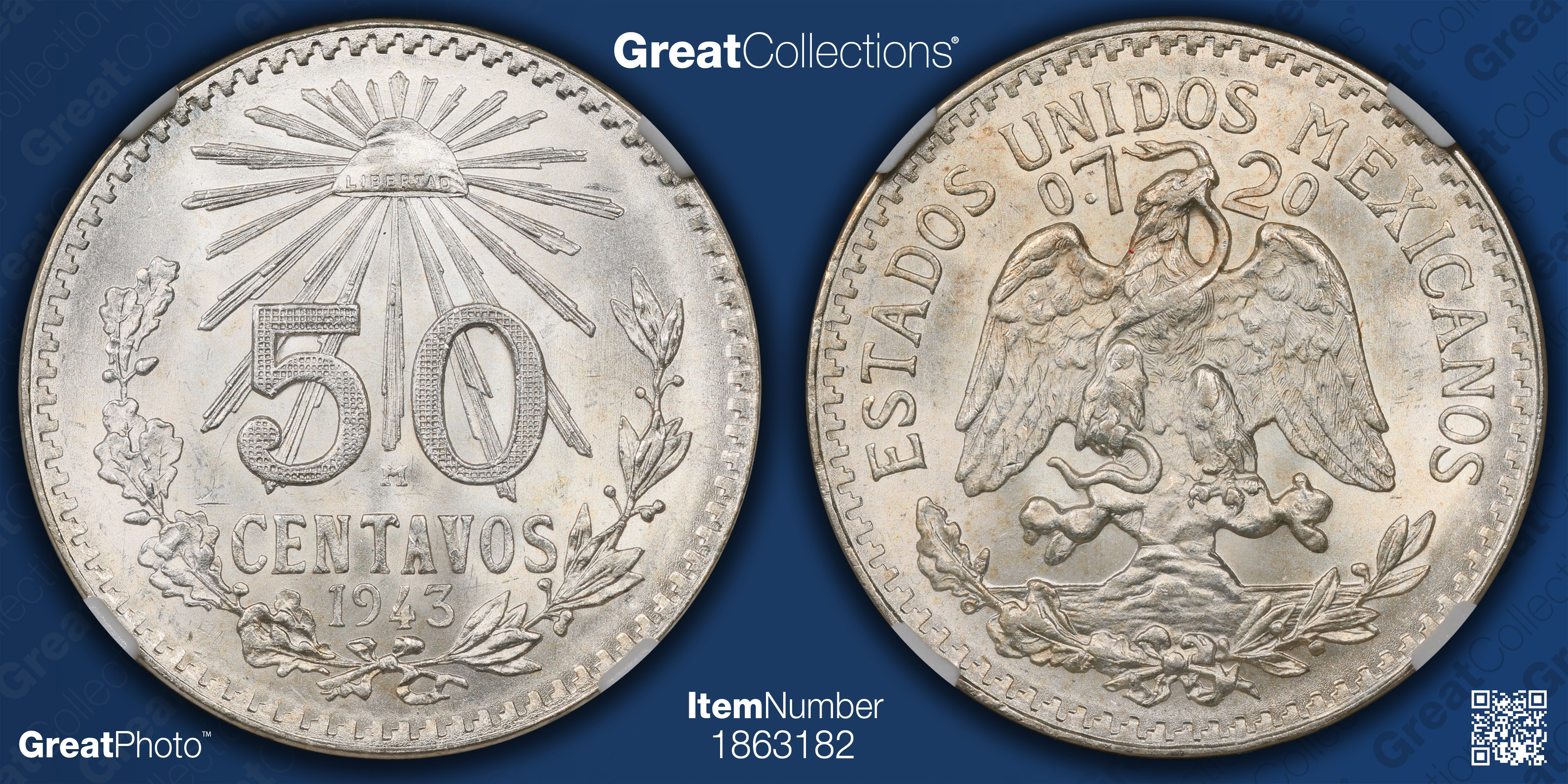 Mexico 1943-M Silver 50 Centavos KM-447 NGC MS-66 (Item 1863182