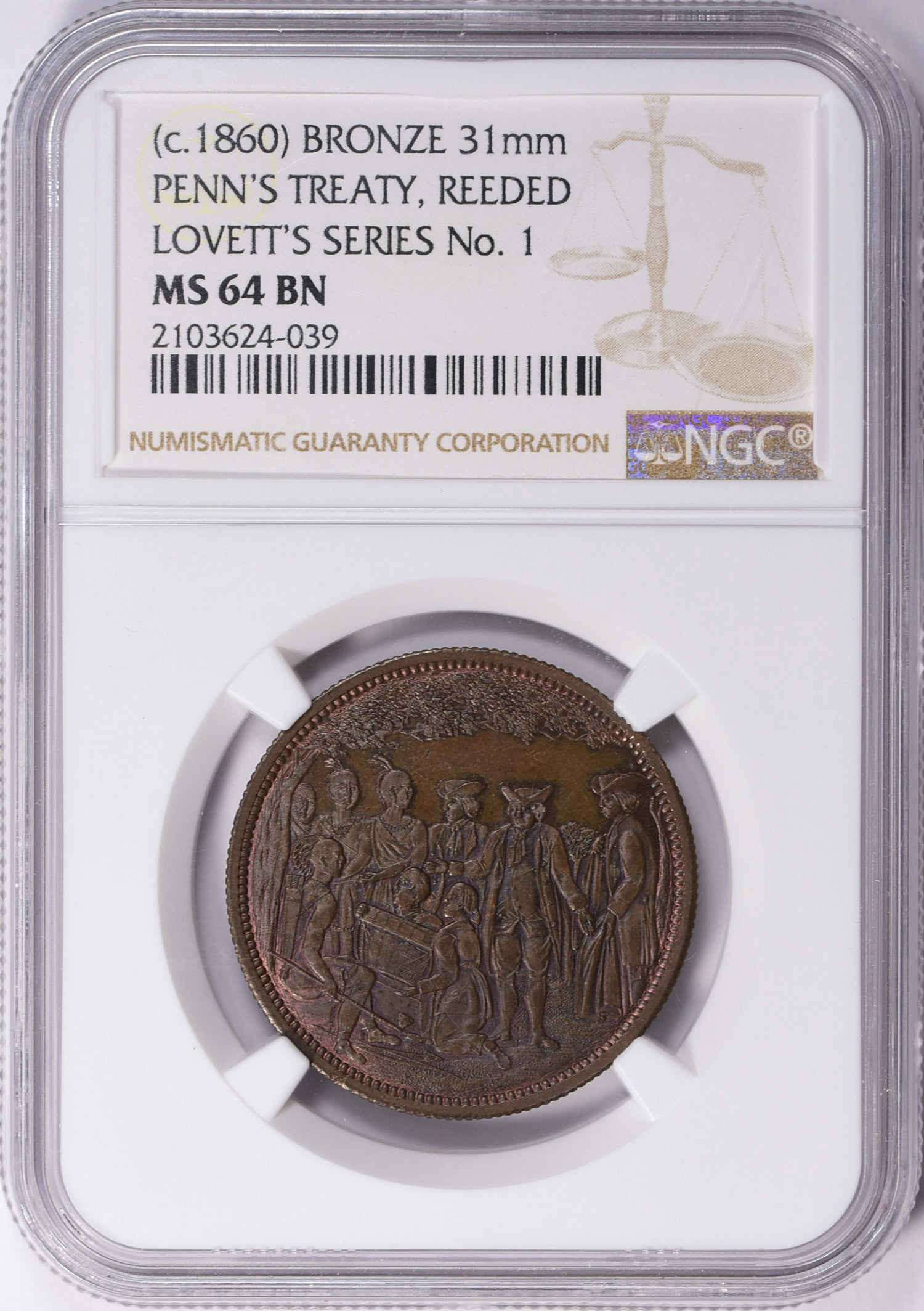ND (c.1860) Bronze 31mm Lovett's Series Penn's Treaty Medal NGC MS