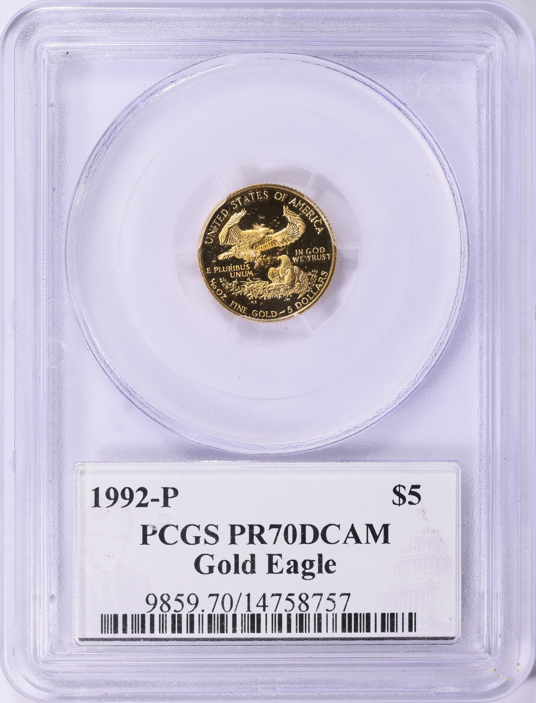 1992-P $5 Tenth-Ounce Gold American Eagle PCGS Proof-70 DCAM (Philip ...