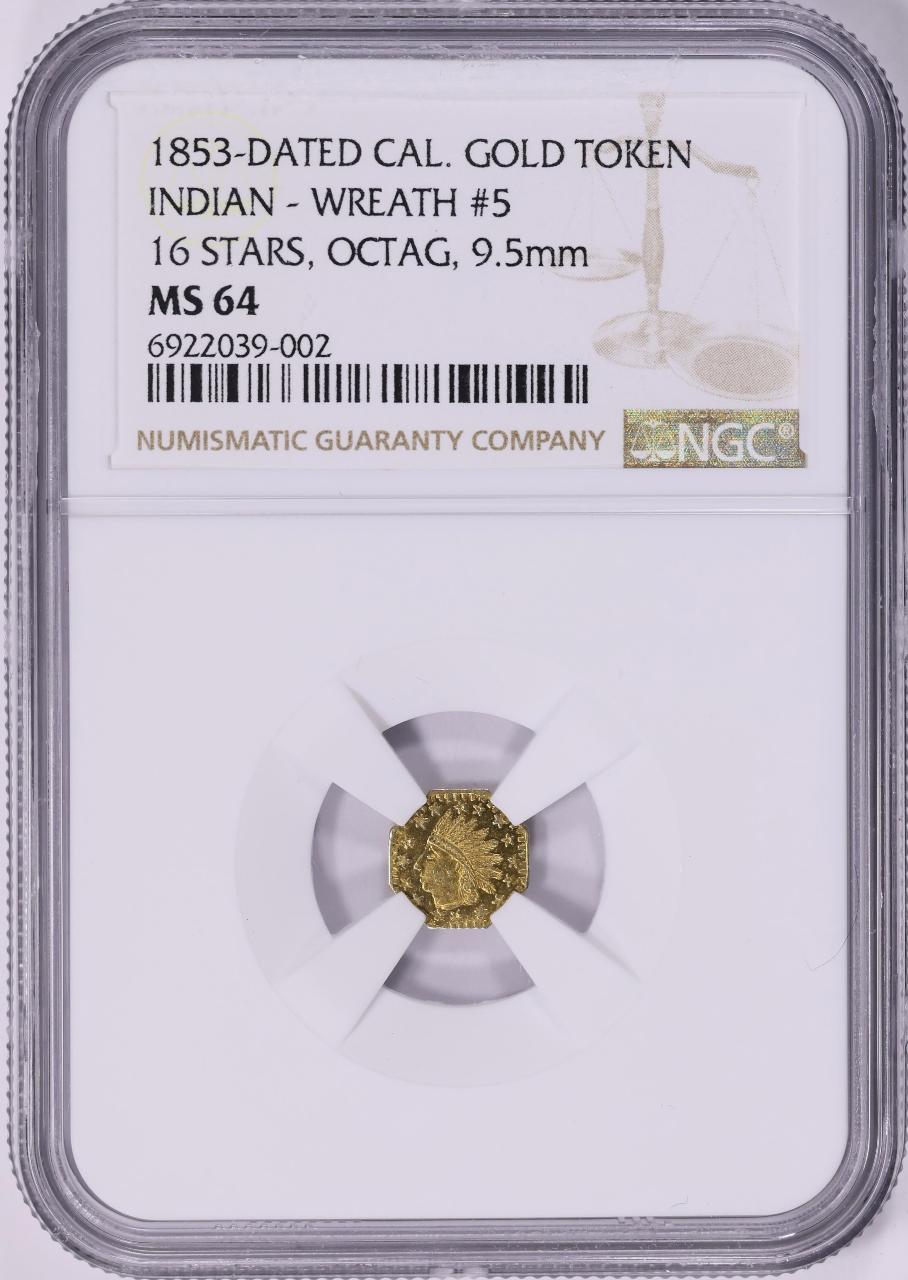 1853-Dated California Fractional Gold Token Indian - Wreath #5, 16