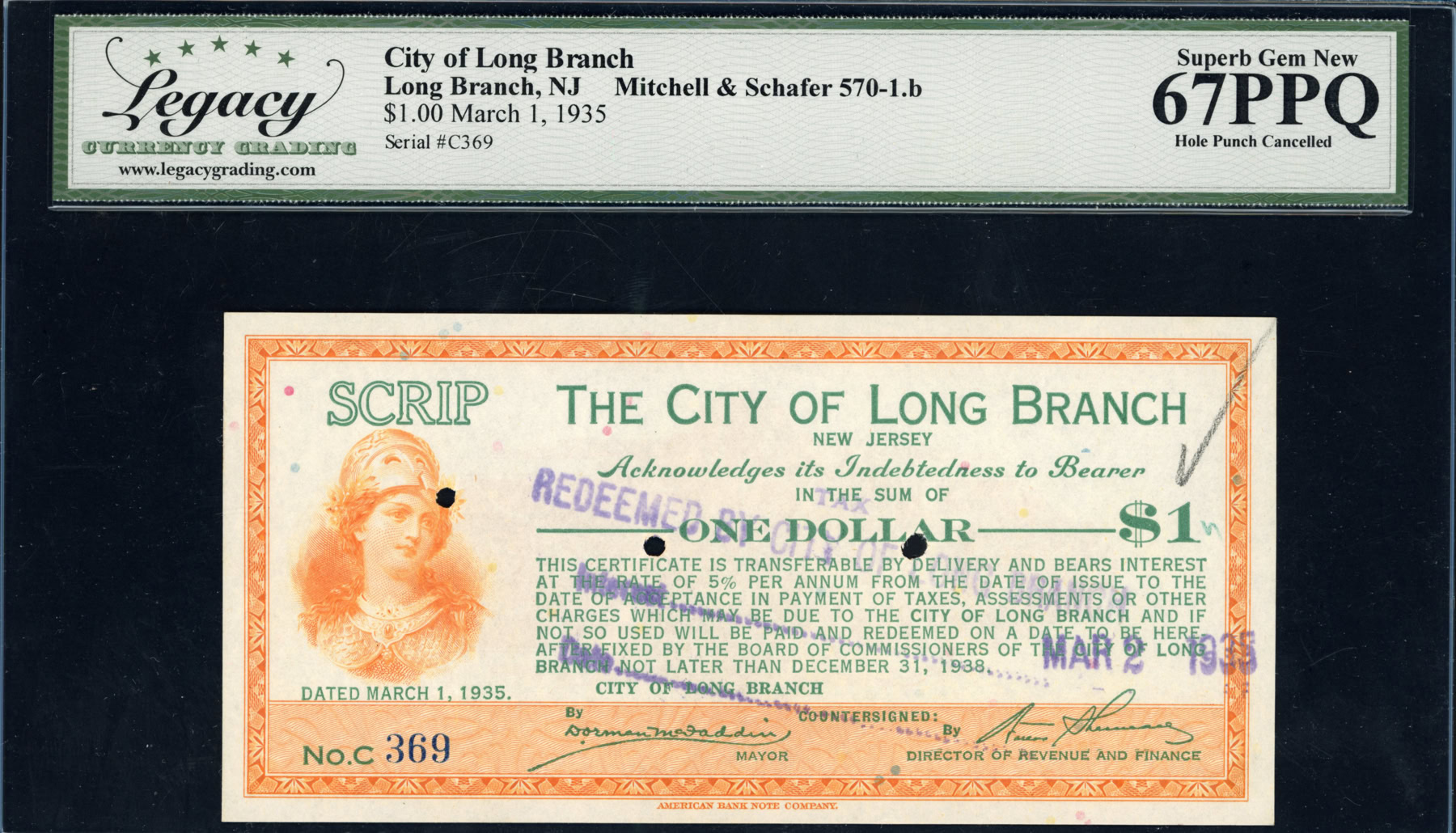 1935 Long Branch, New Jersey City of Long Branch $1 Depression Scrip ...