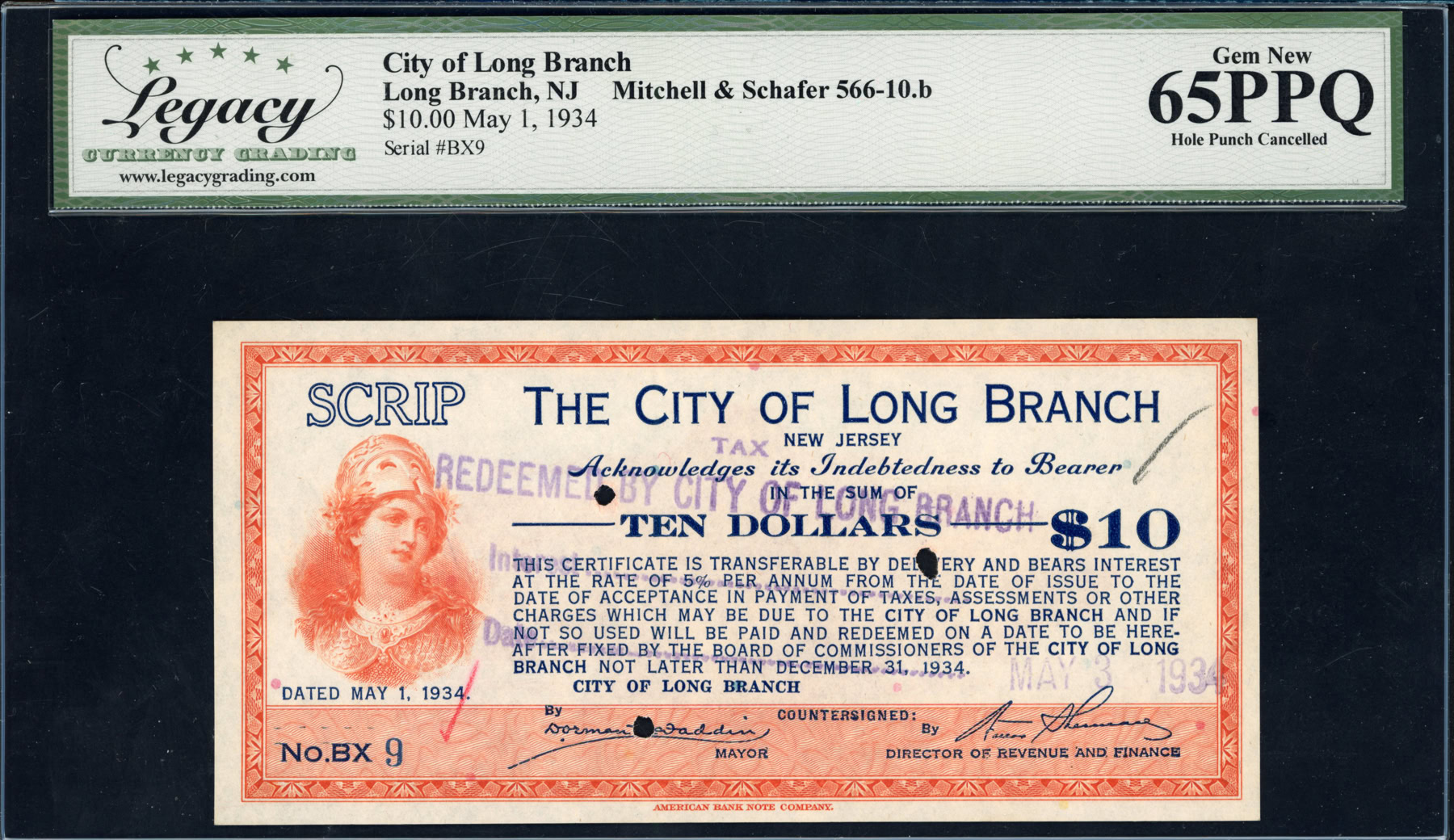 1934 Long Branch, New Jersey City of Long Branch $10 Depression Scrip ...