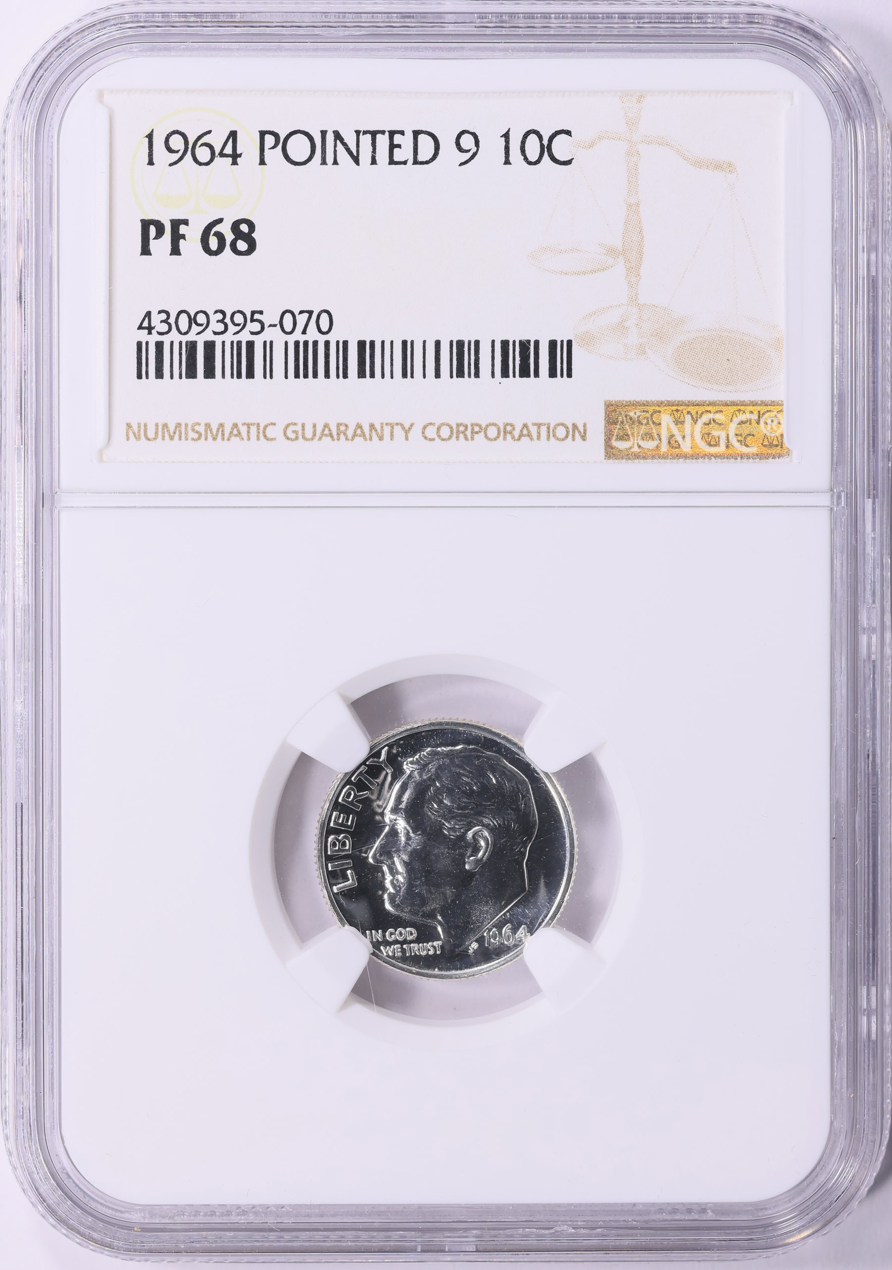 1964 Roosevelt Dime Pointed 9 NGC Proof-68 (Item 1869573