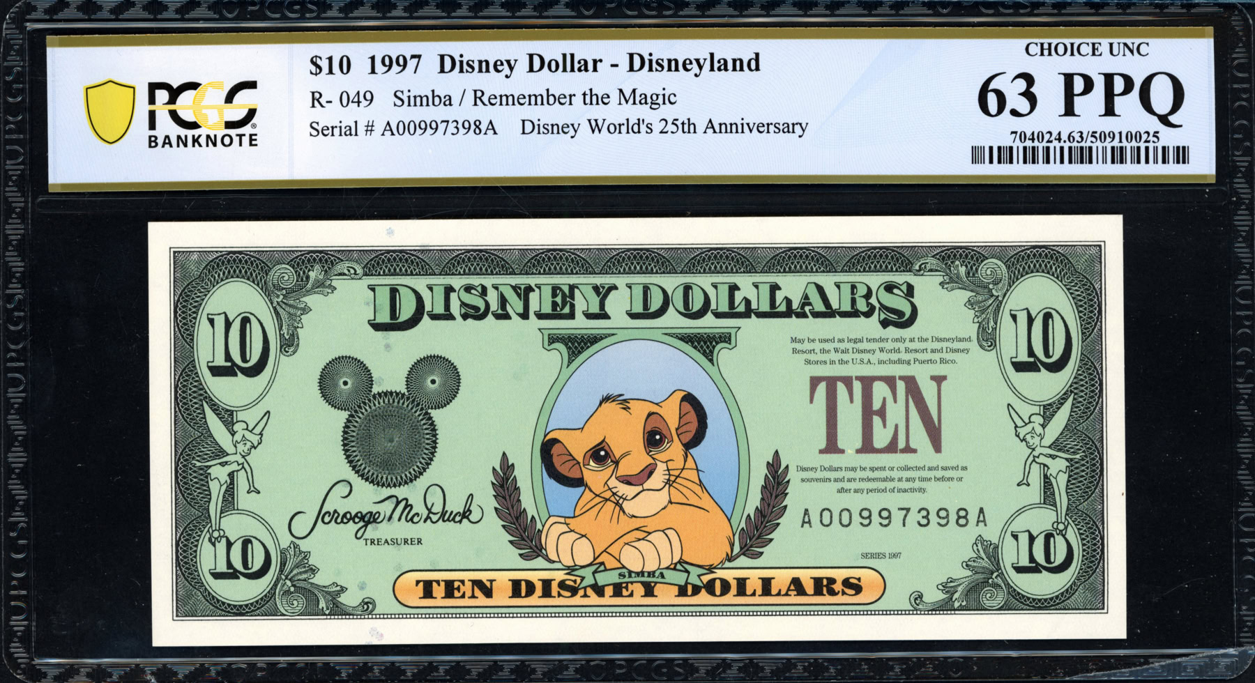 1997 Disneyland $10 Disney Dollar Simba / 25th Anniversary of