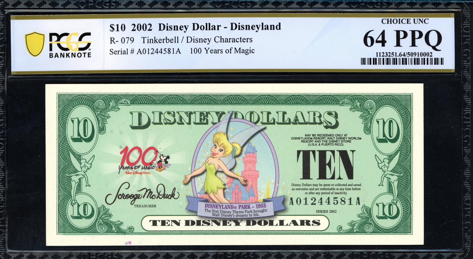 2002 Disneyland $10 Disney Dollar Note Tinkerbell / 100 Years of Magic ...