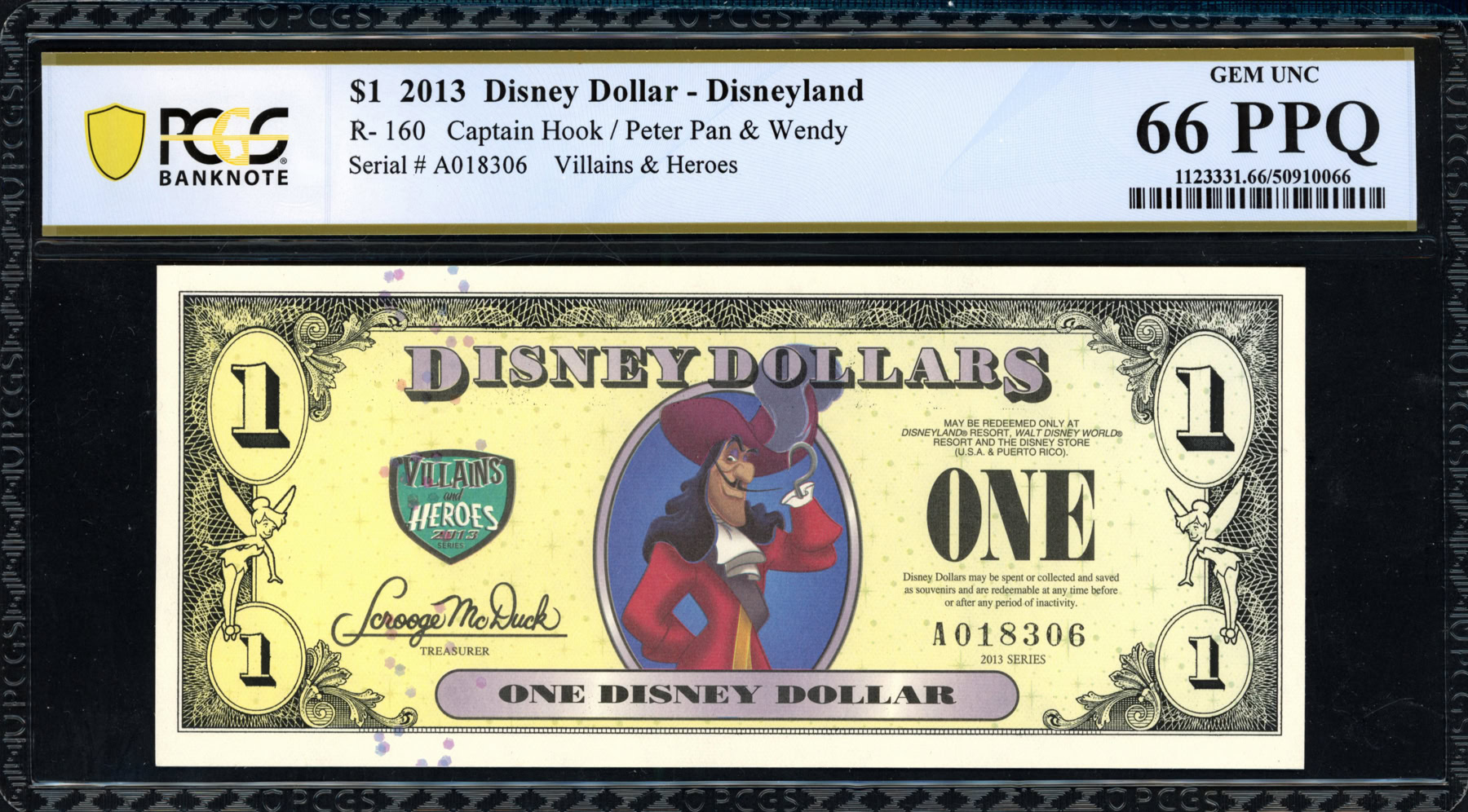 2013 Disneyland $1 Disney Dollar Note Captain Hook / Peter Pan & Wnedy ...