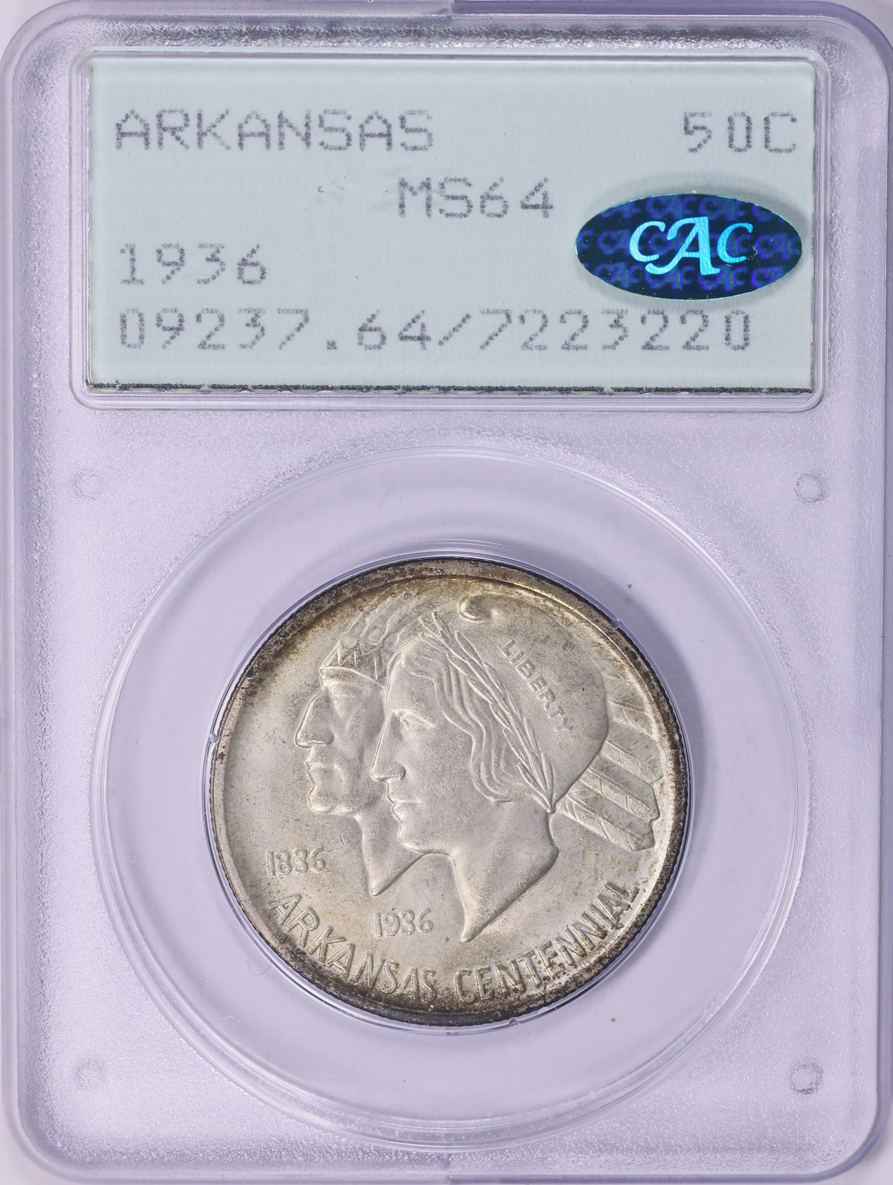 1936 Arkansas Centennial Half Dollar PCGS MS-64 (CAC Green) OGH