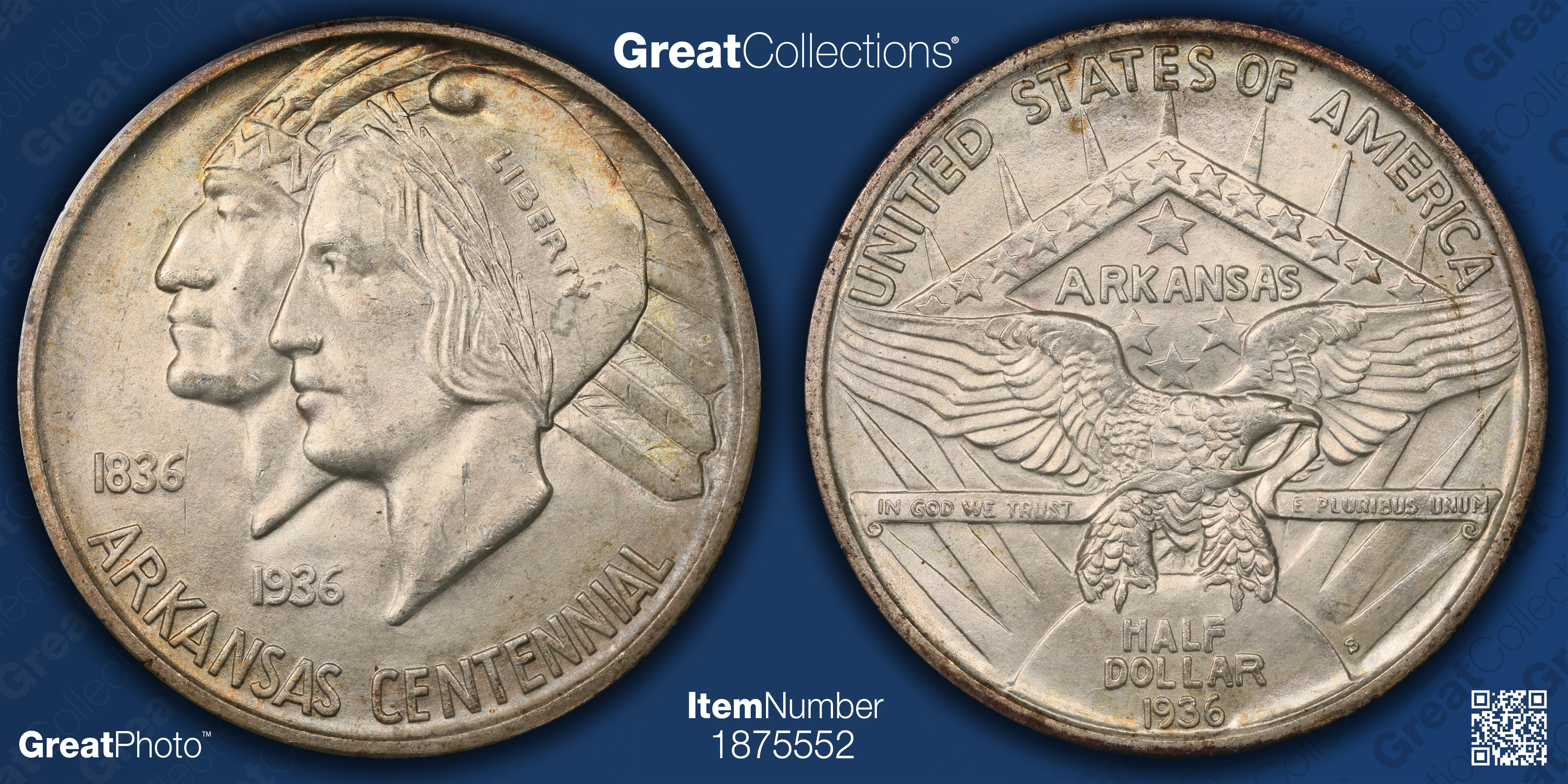 1936-S Arkansas Centennial Half Dollar PCGS MS-64 (CAC Green) OGH