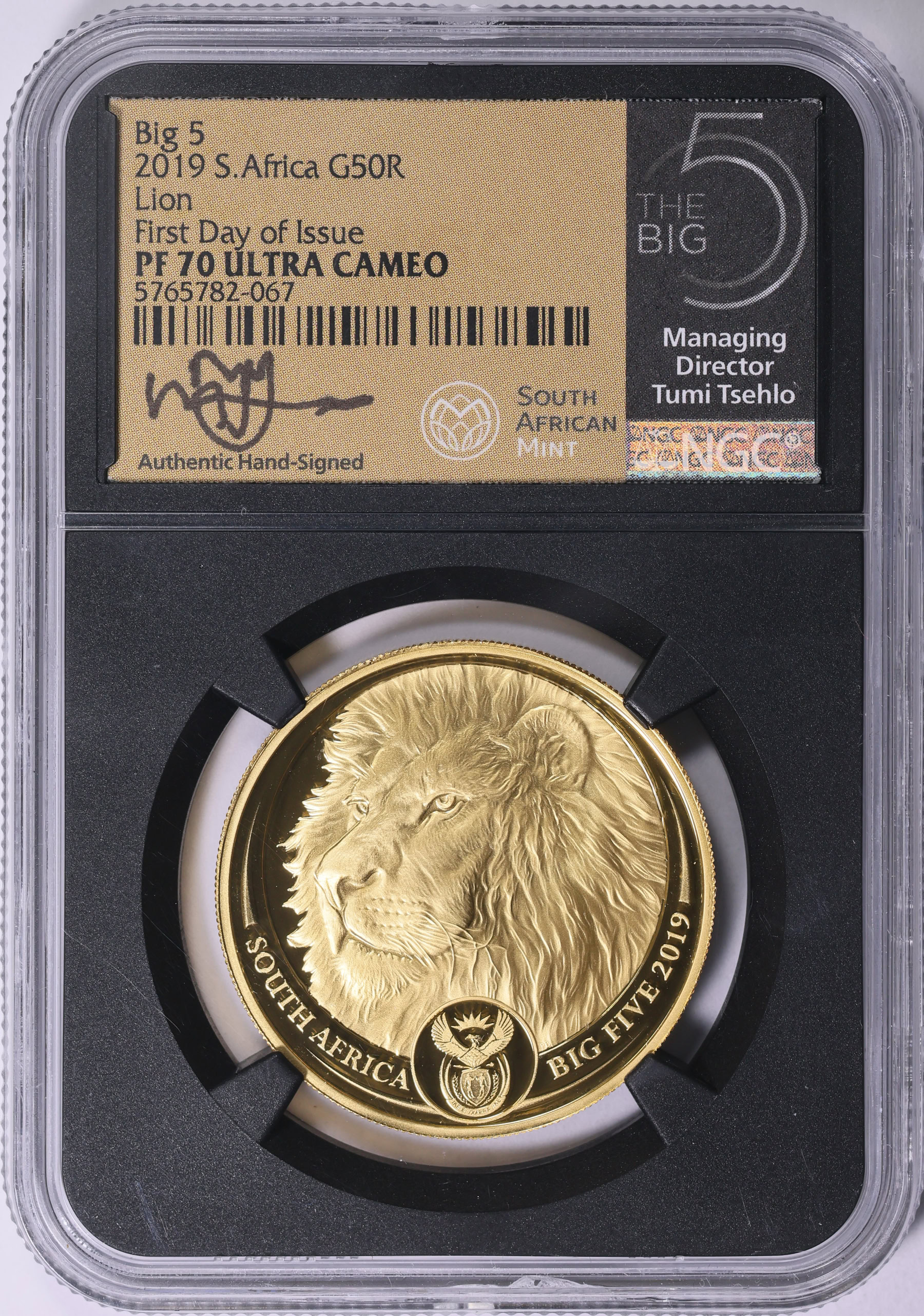 South Africa 2019 Gold 50 Rand Big 5 Lion First Day of Issue NGC
