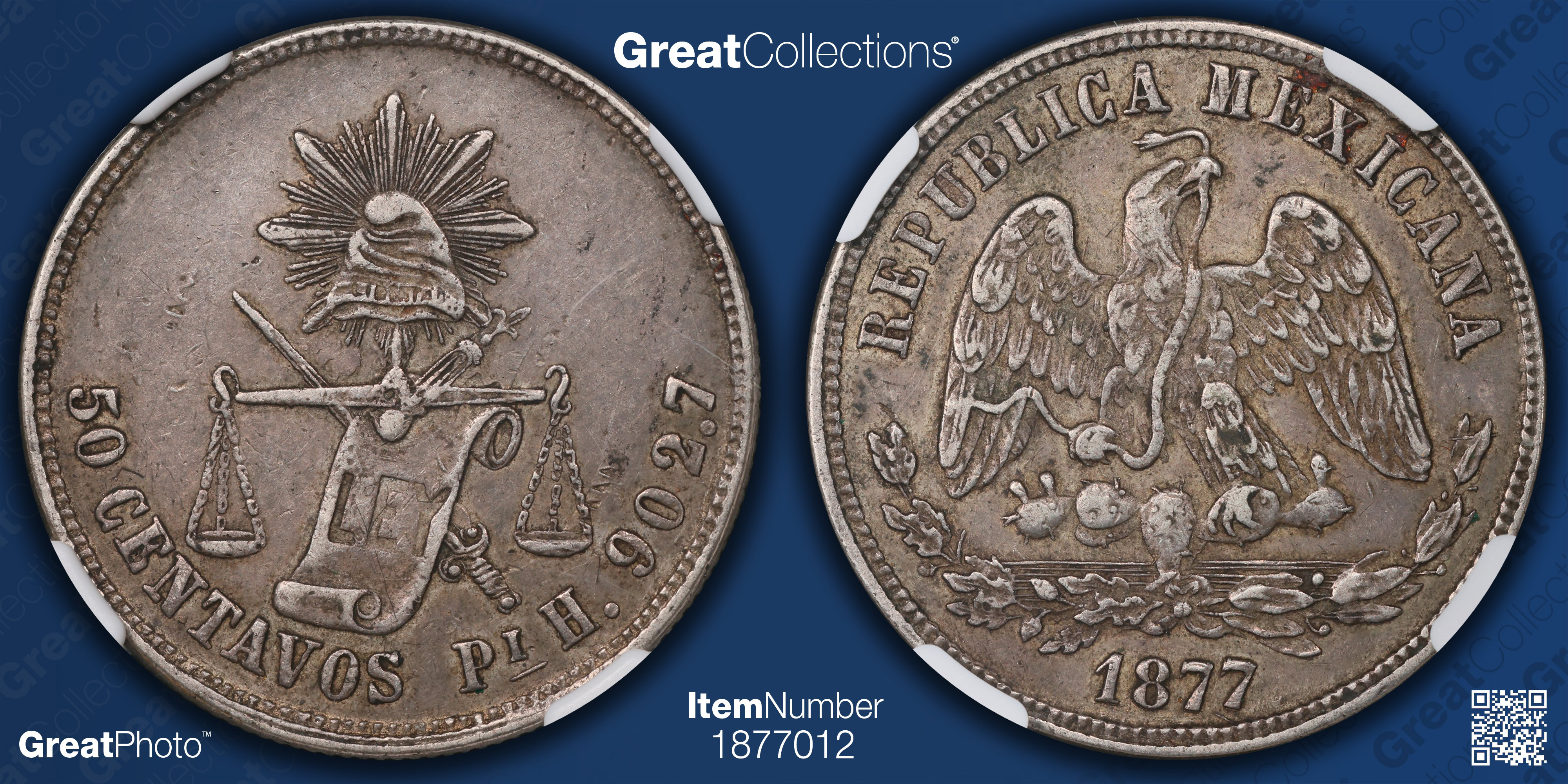 Mexico 1877-Pi H Silver 50 Centavos KM-407.7 NGC XF-45 (Item