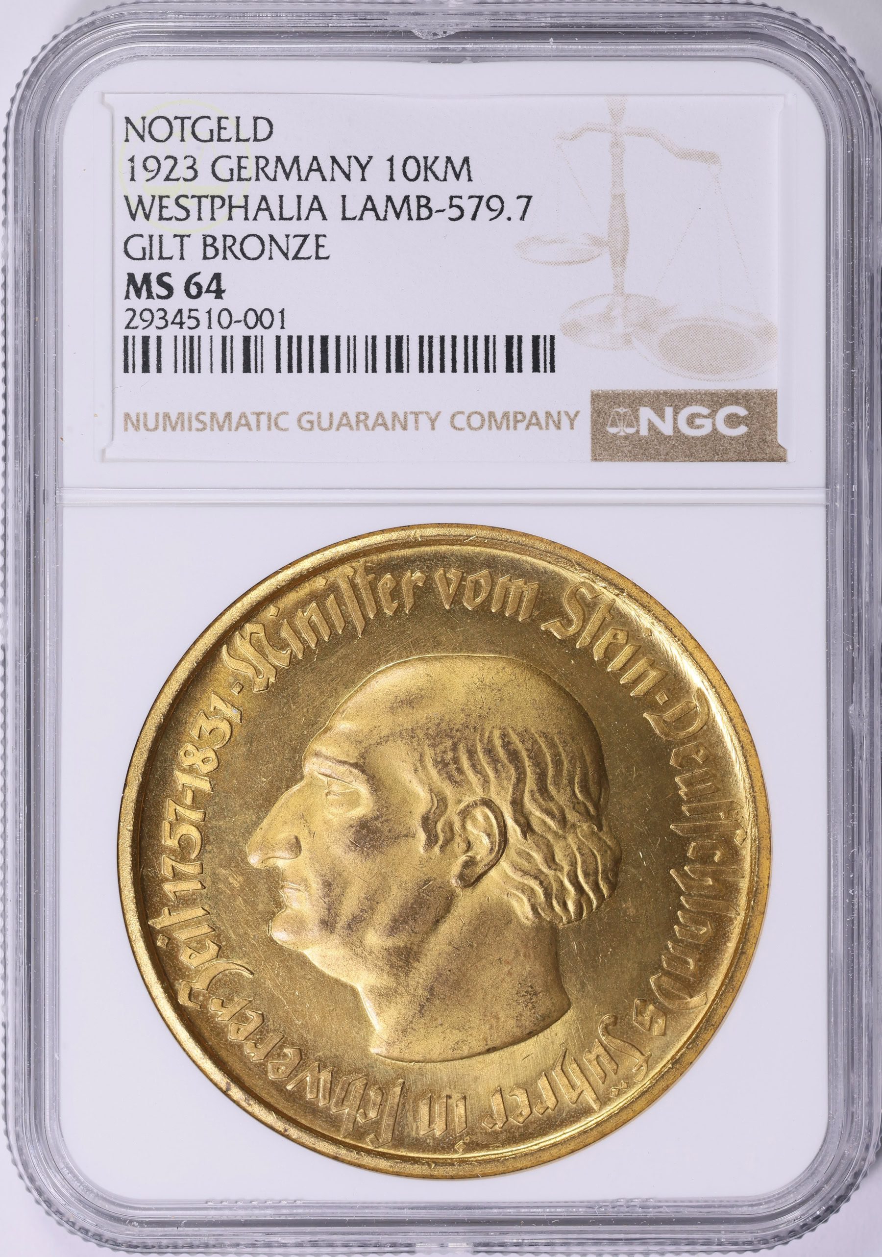 Germany 1923 Gilt Bronze 10,000 Marks Notgeld NGC MS-64 (Item
