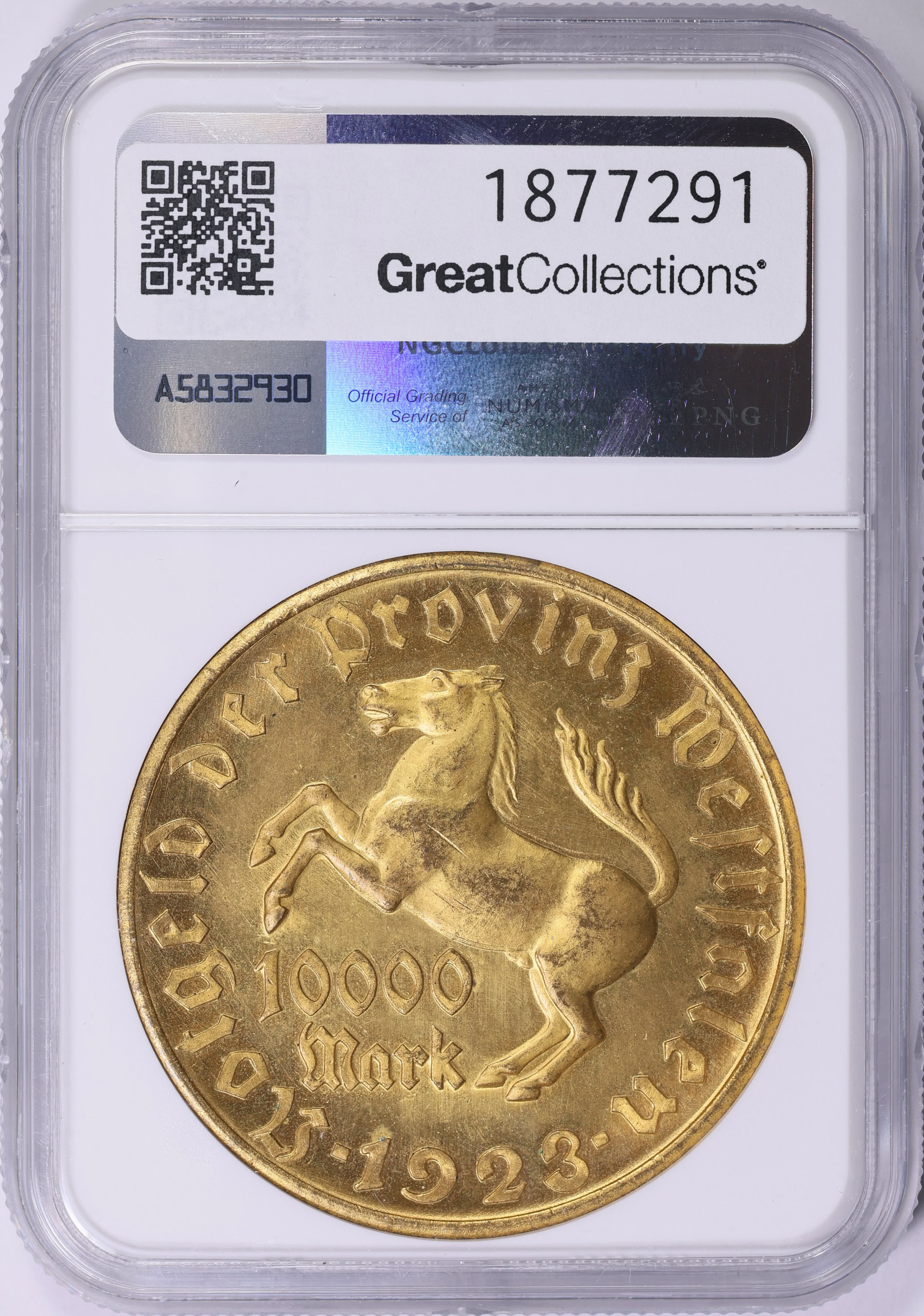 Germany 1923 Gilt Bronze 10,000 Marks Notgeld NGC MS-64 (Item