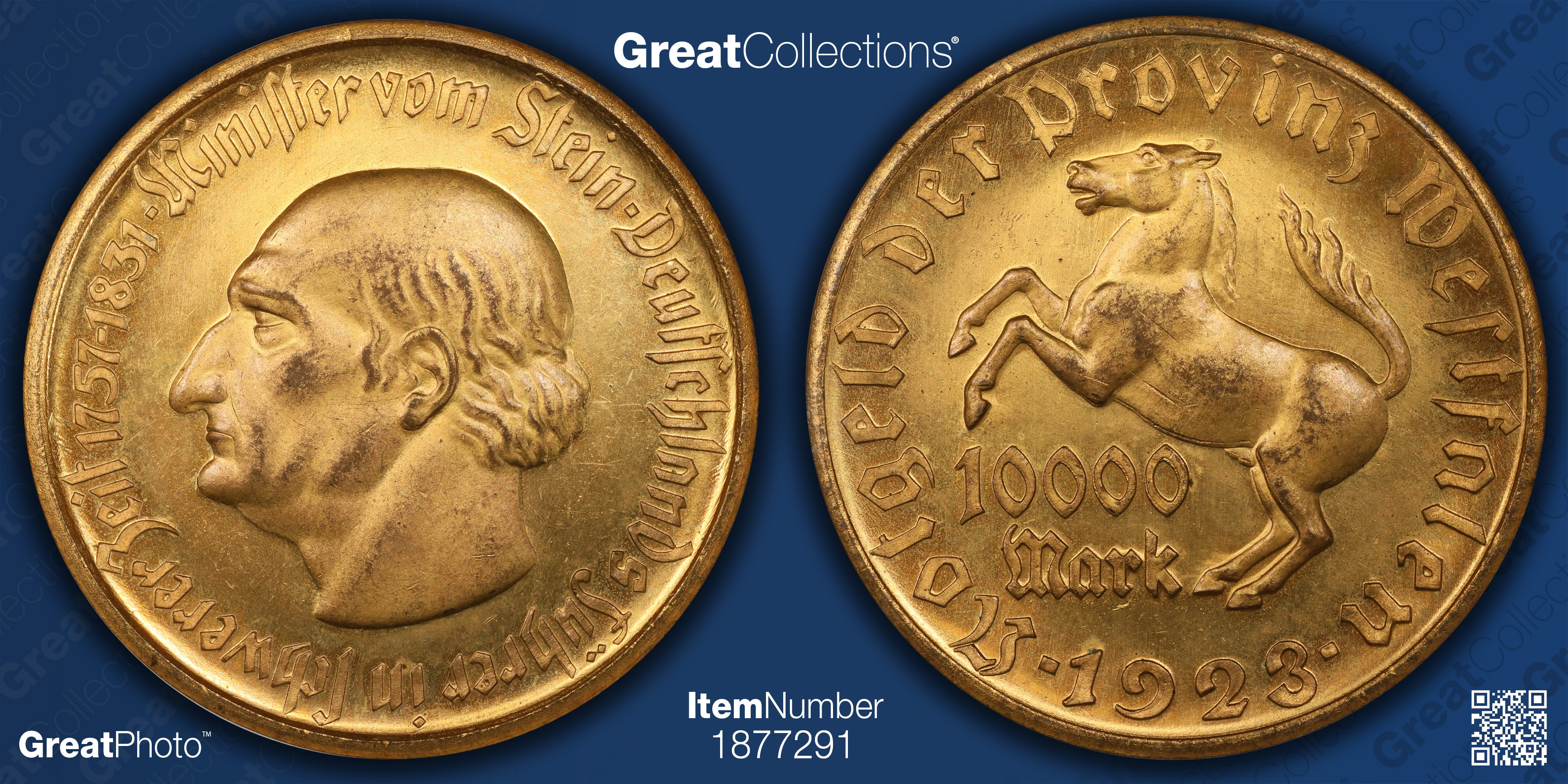 Germany 1923 Gilt Bronze 10,000 Marks Notgeld NGC MS-64 (Item