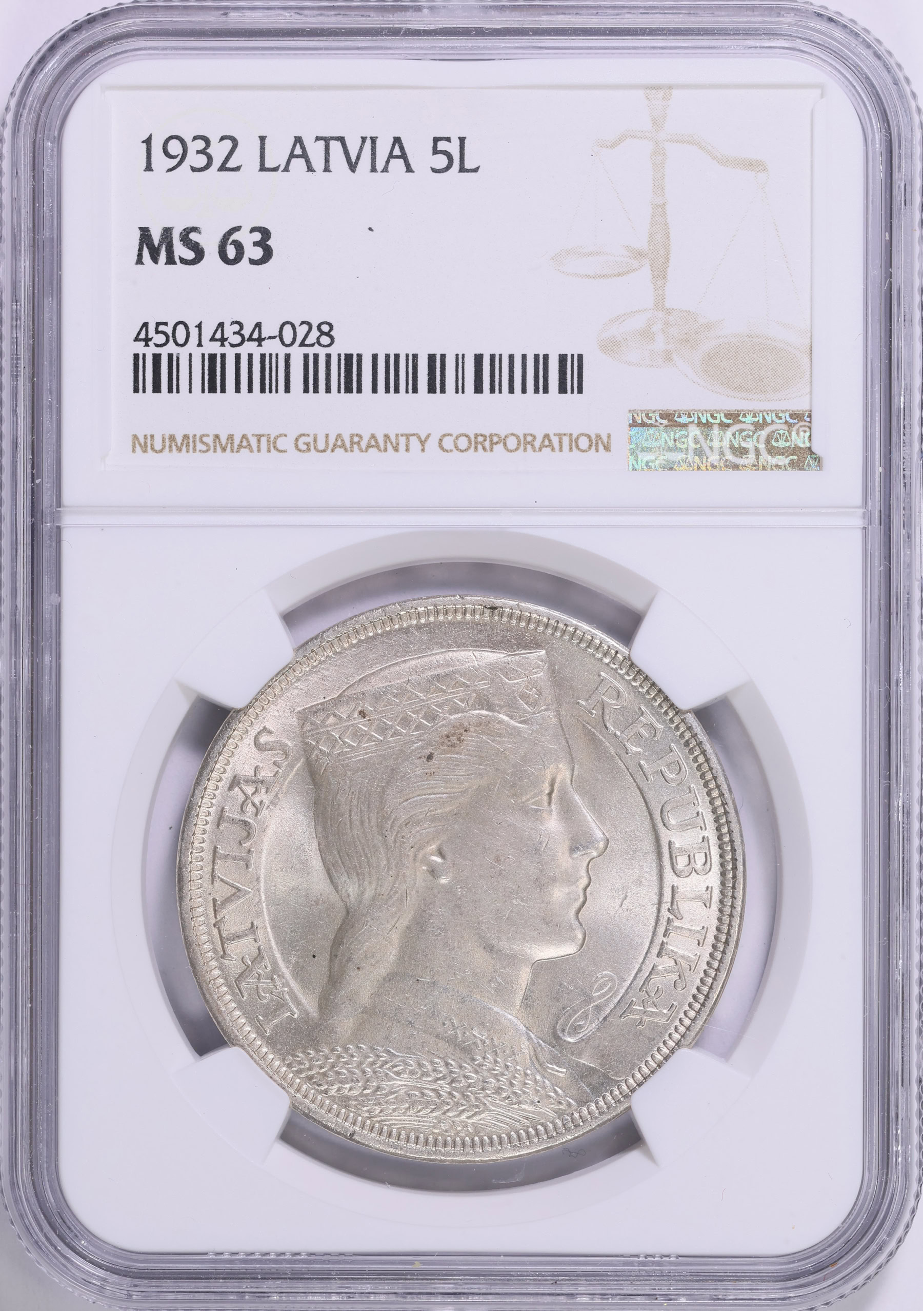 Latvia 1932 Silver 5 Lati KM-9 NGC MS-63 (Item 1879920