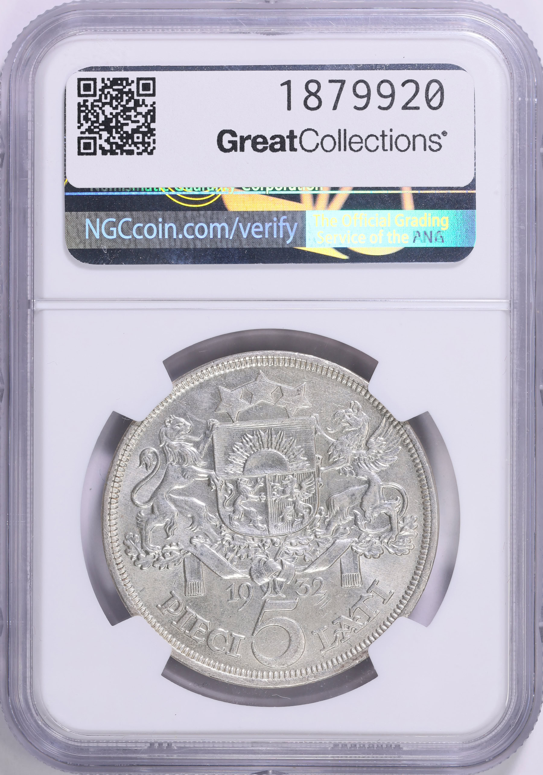 Latvia 1932 Silver 5 Lati KM-9 NGC MS-63 (Item 1879920