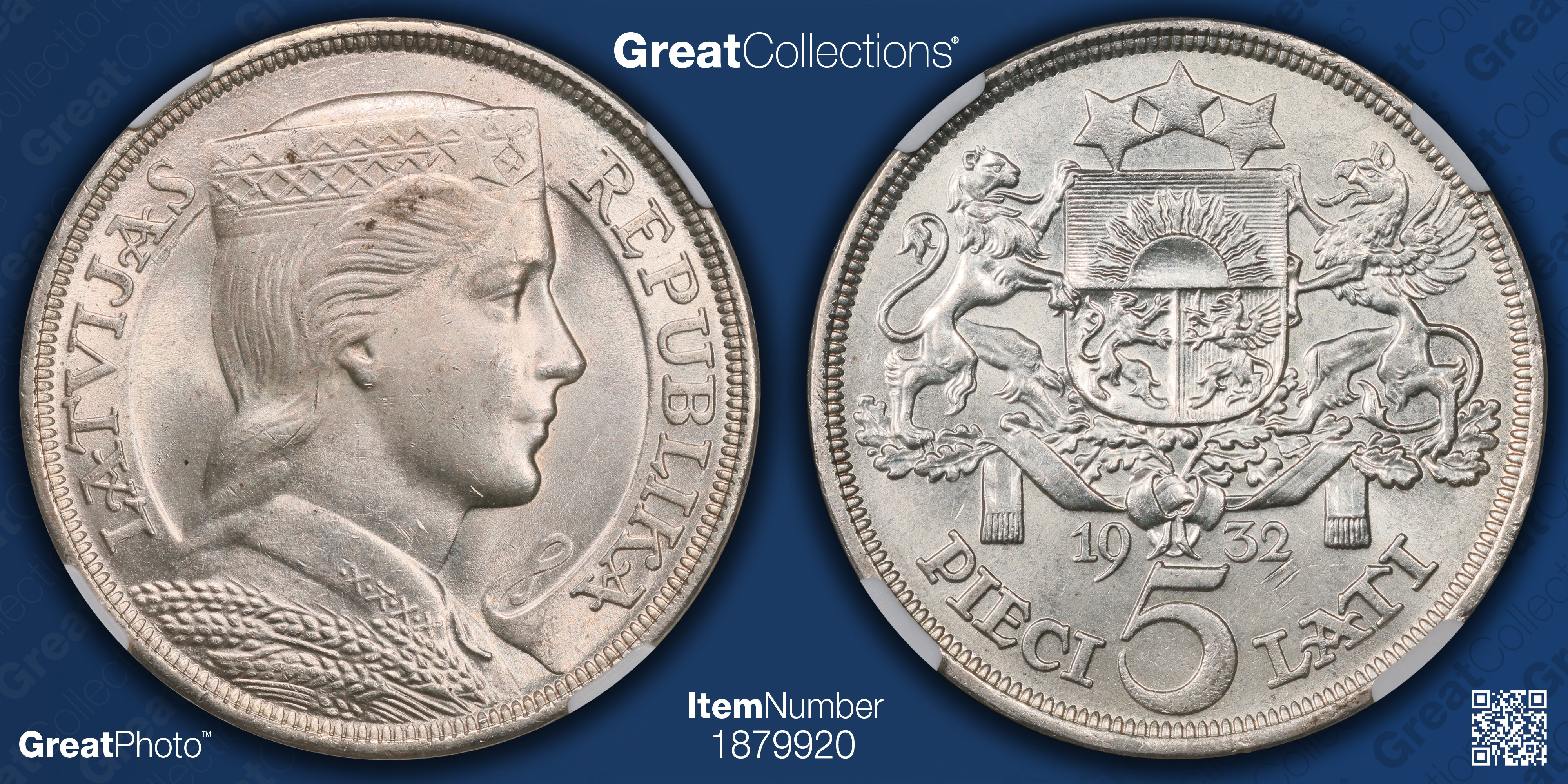 Latvia 1932 Silver 5 Lati KM-9 NGC MS-63 (Item 1879920