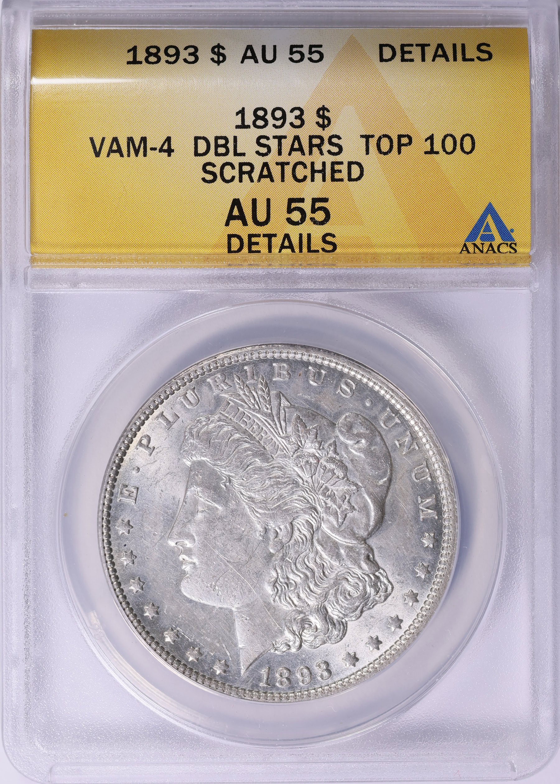 1893 Morgan Silver Dollar Doubled Stars VAM-4 Top 100 ANACS AU-55