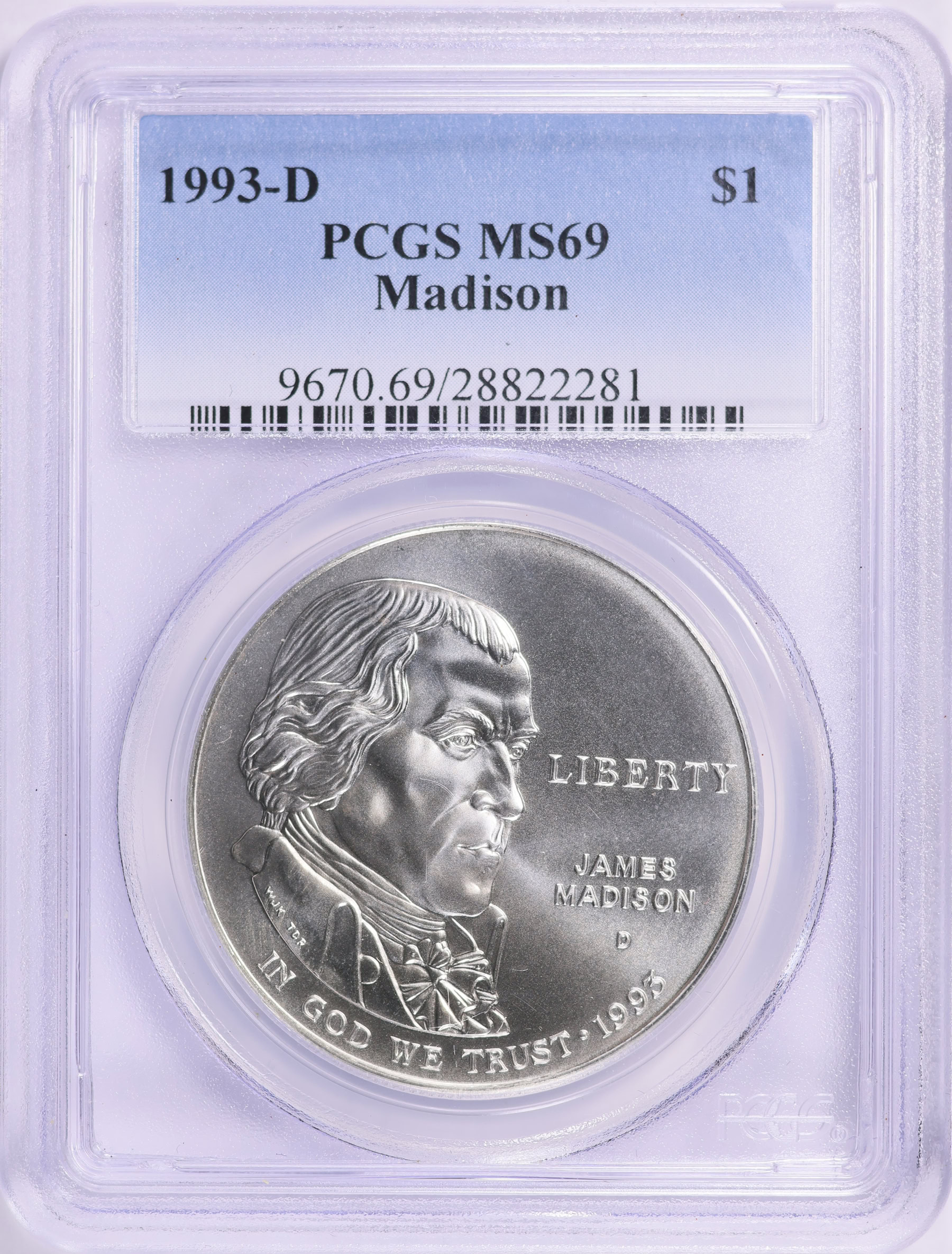 1993-D James Madison and Bill of Rights Silver Dollar PCGS MS-69