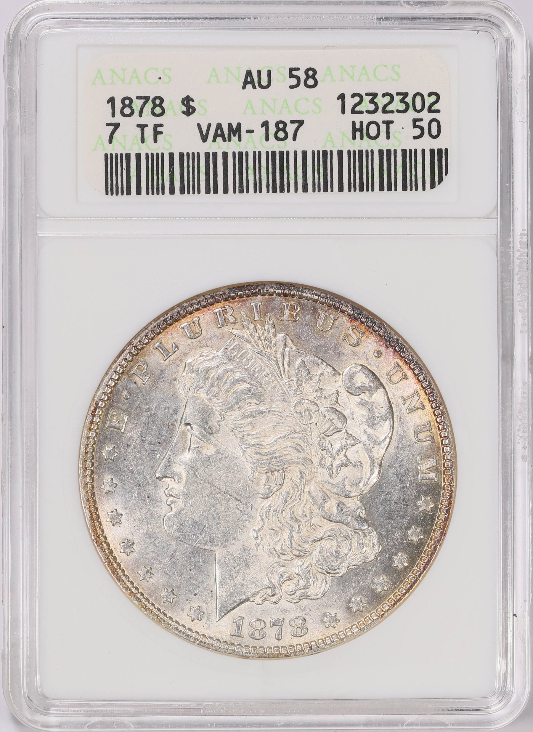 1878 7TF Morgan Silver Dollar VAM-187 Hot 50 ANACS AU-58 OH (Item