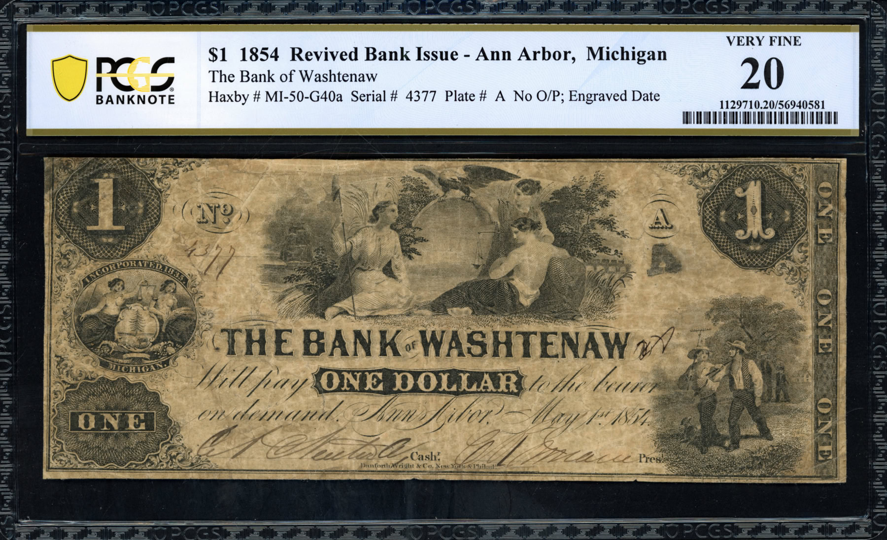 1854 Ann Arbor, Michigan Bank of Washtenaw $1 Note PCGS Banknote