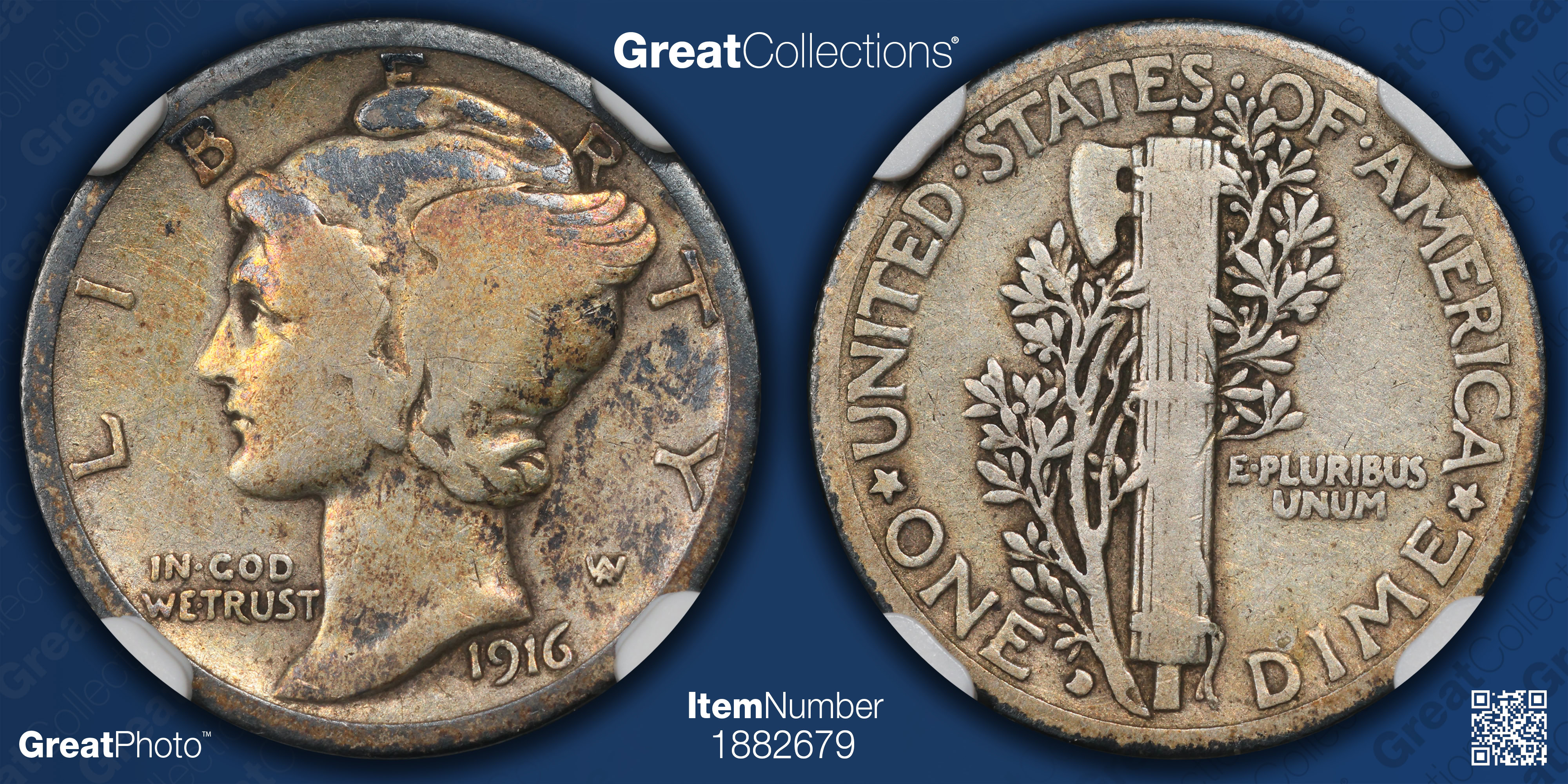 1916-D Mercury Dime NGC VG-08 (Toned) (Item 1882679) | GreatCollections ...