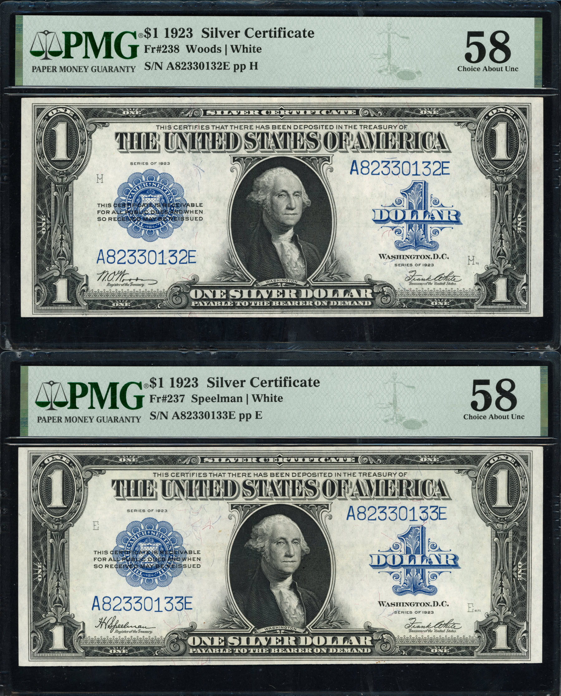 238 Code Silver Fr. 237 & 238 1923 $1 Silver Certificate Notes *Sequential Serial ...