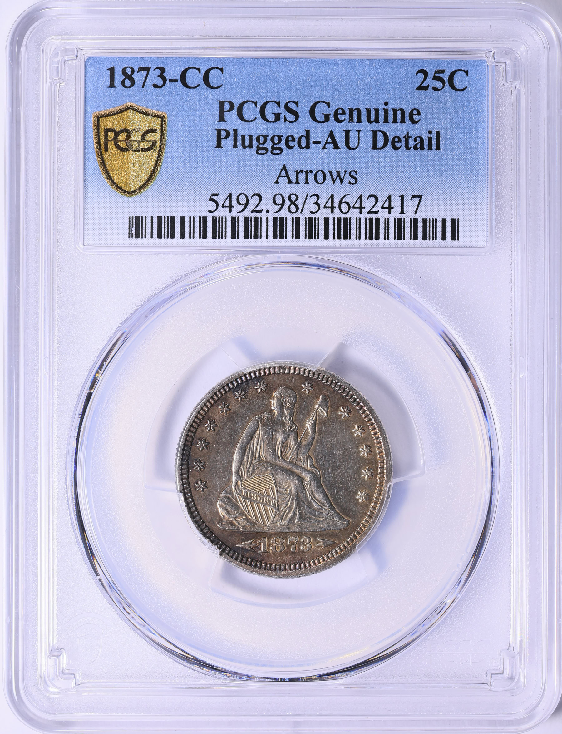 1873-CC Seated Liberty Quarter Arrows PCGS Genuine AU Details