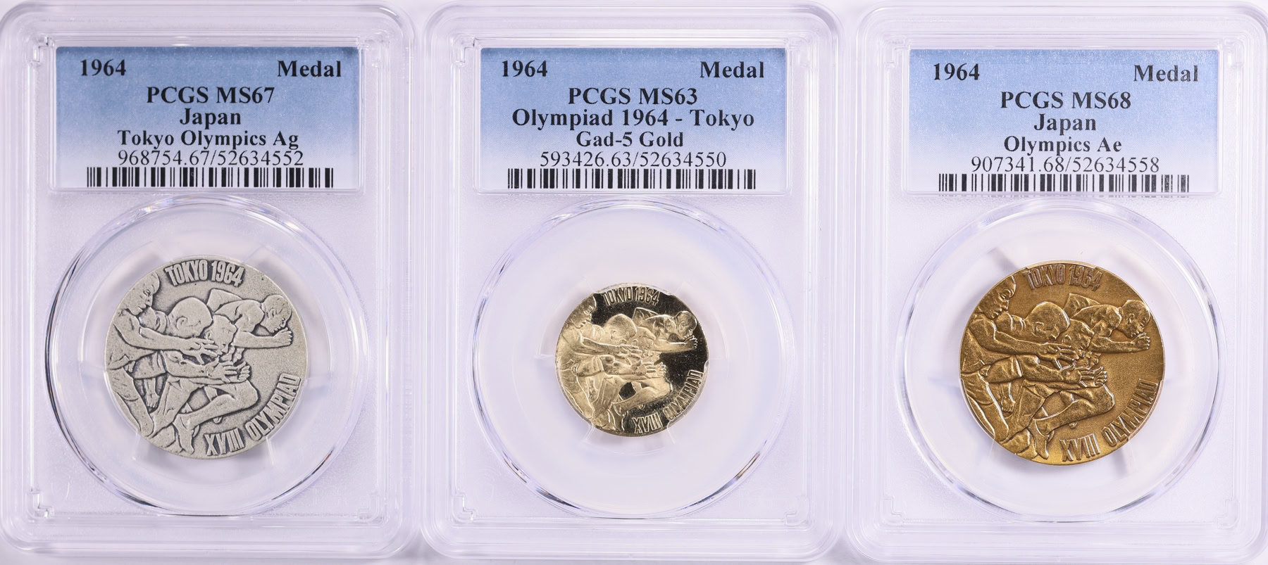 Japan 1964 Gold, Silver, and Bronze Tokyo Olympics Medal Set With