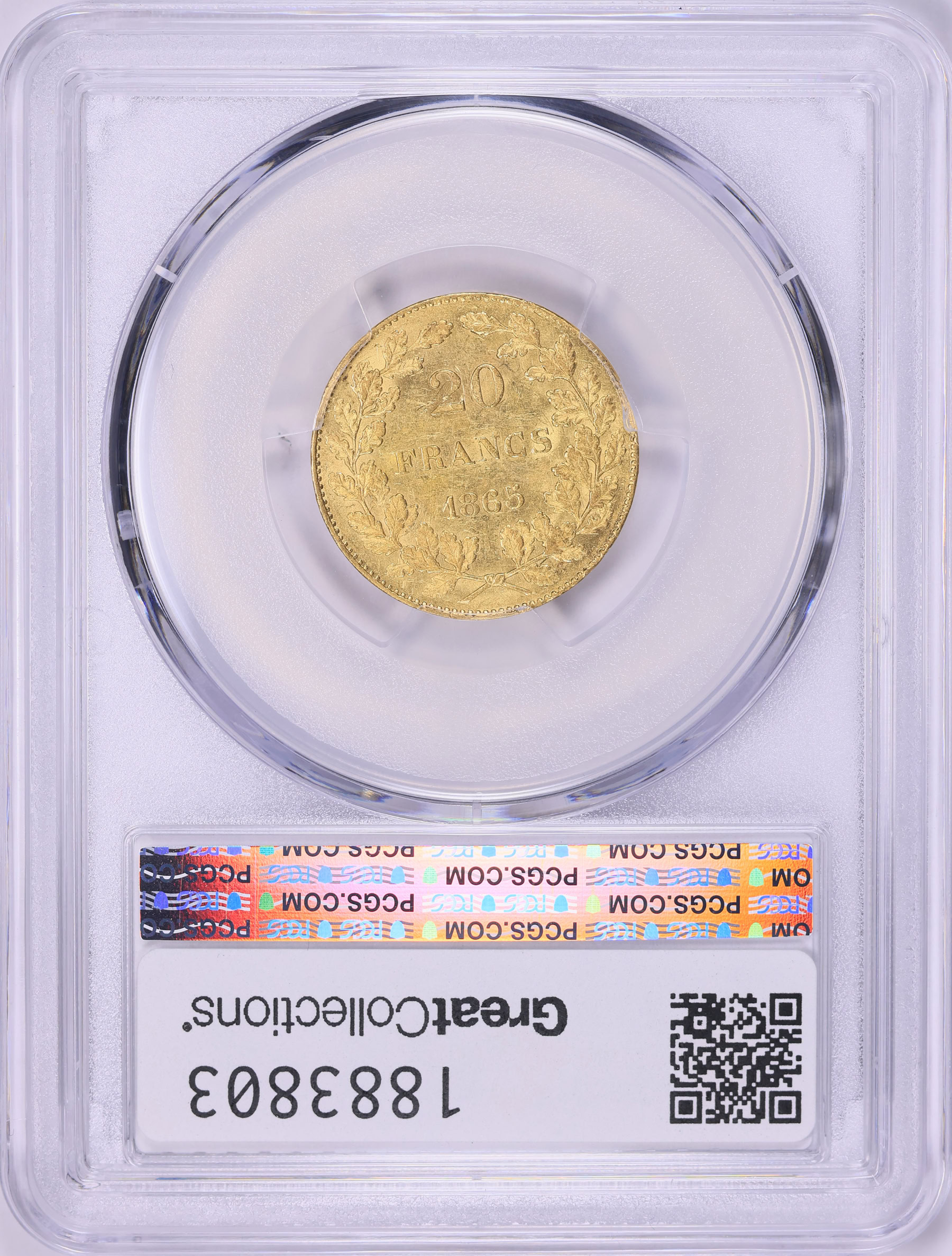 Belgium 1865 Gold 20 Francs L WIENER, Position A KM-23 PCGS AU-55