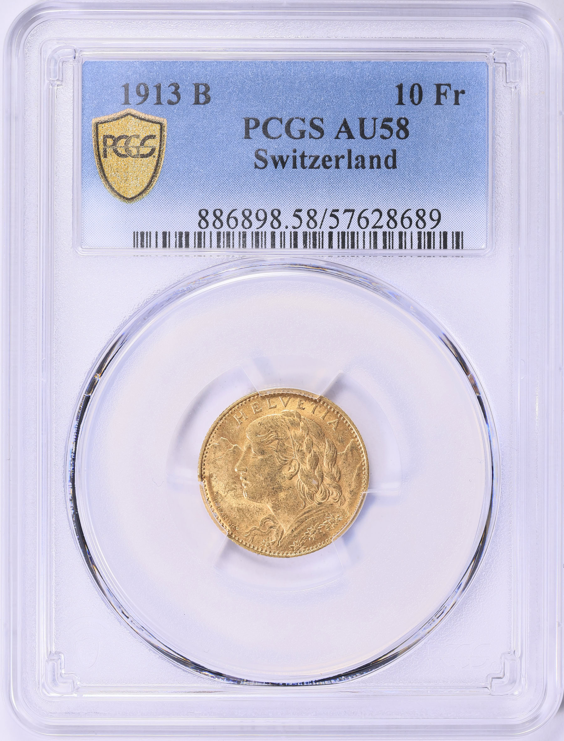 Switzerland 1913-B Gold 10 Francs KM-36 PCGS AU-58 (AGW = 0.0933