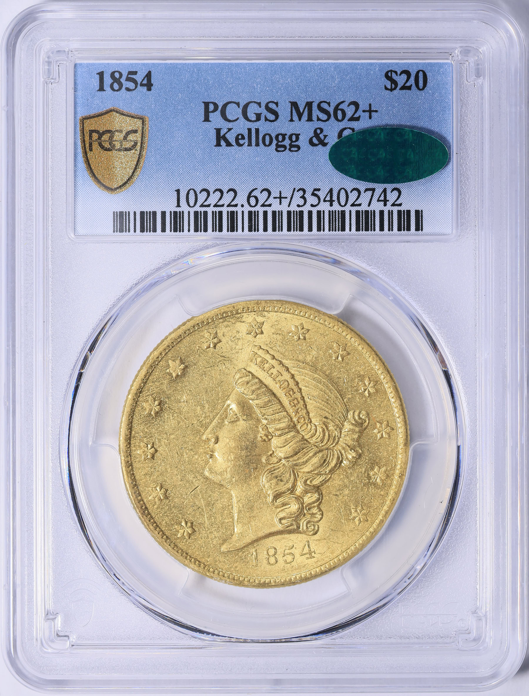 1854 California Gold $20 Kellogg & Company Gold Double Eagle PCGS