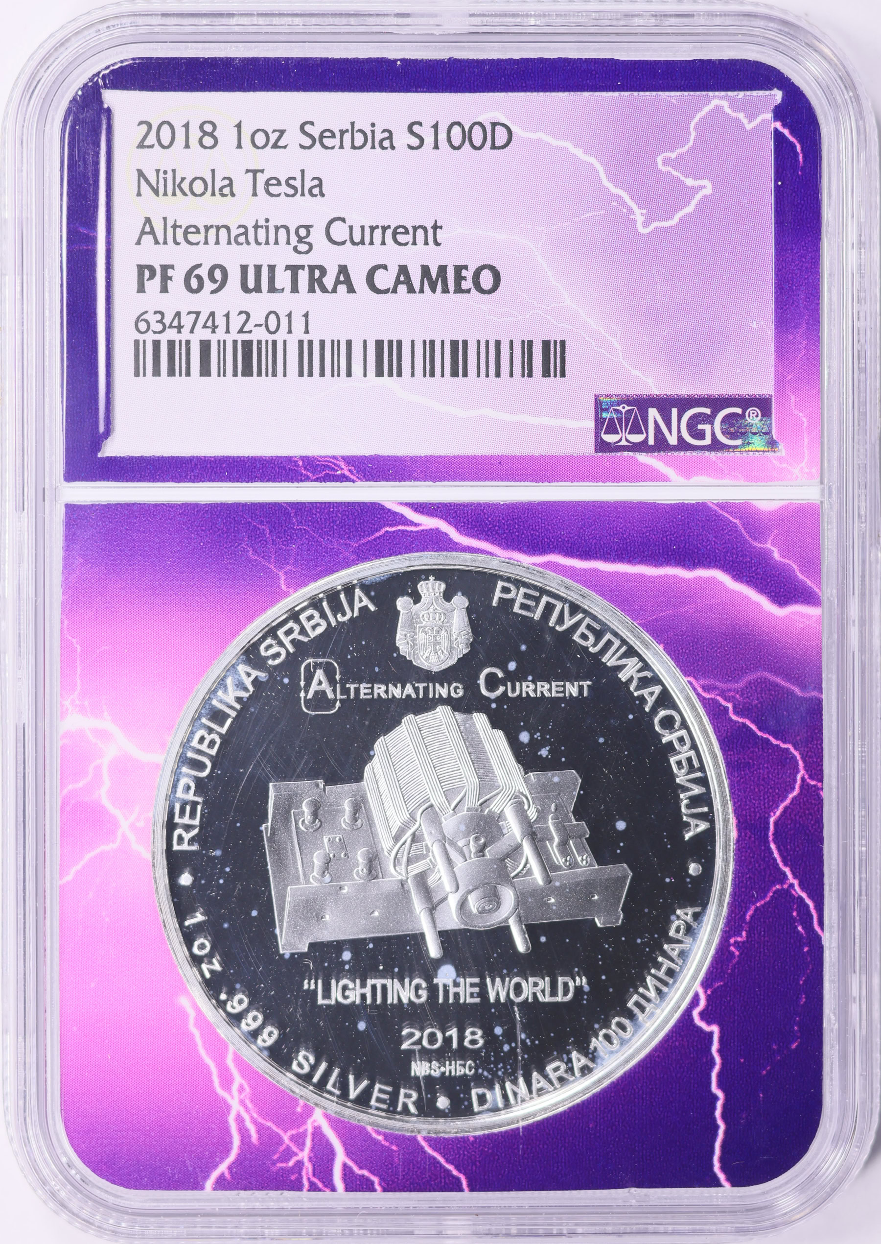 Serbia 2018 Silver 100 Dinars Nikola Tesla Alternating Current NGC