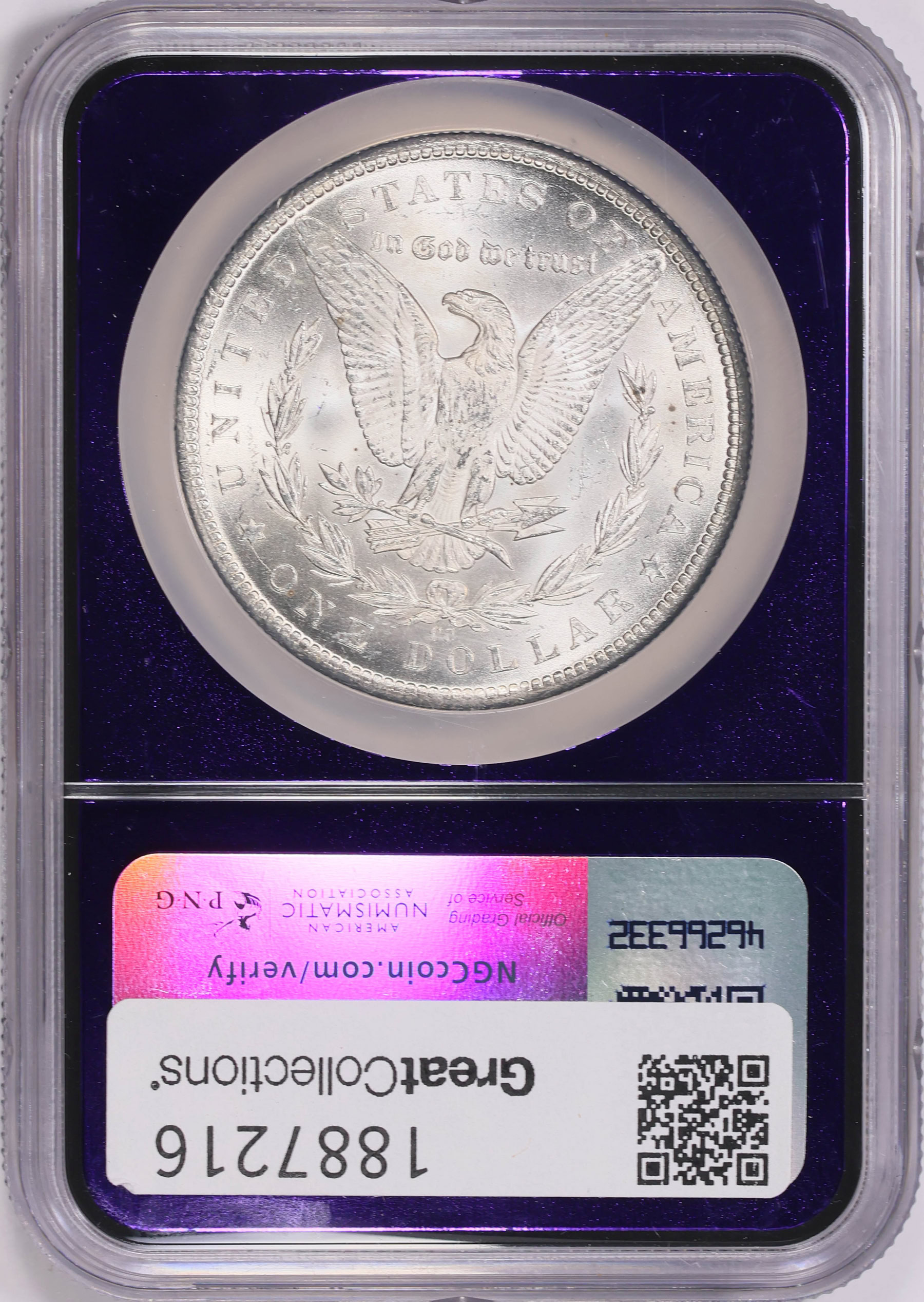 1884-CC Morgan Silver Dollar NGC MS-64 (Purple Bee Frame Holder