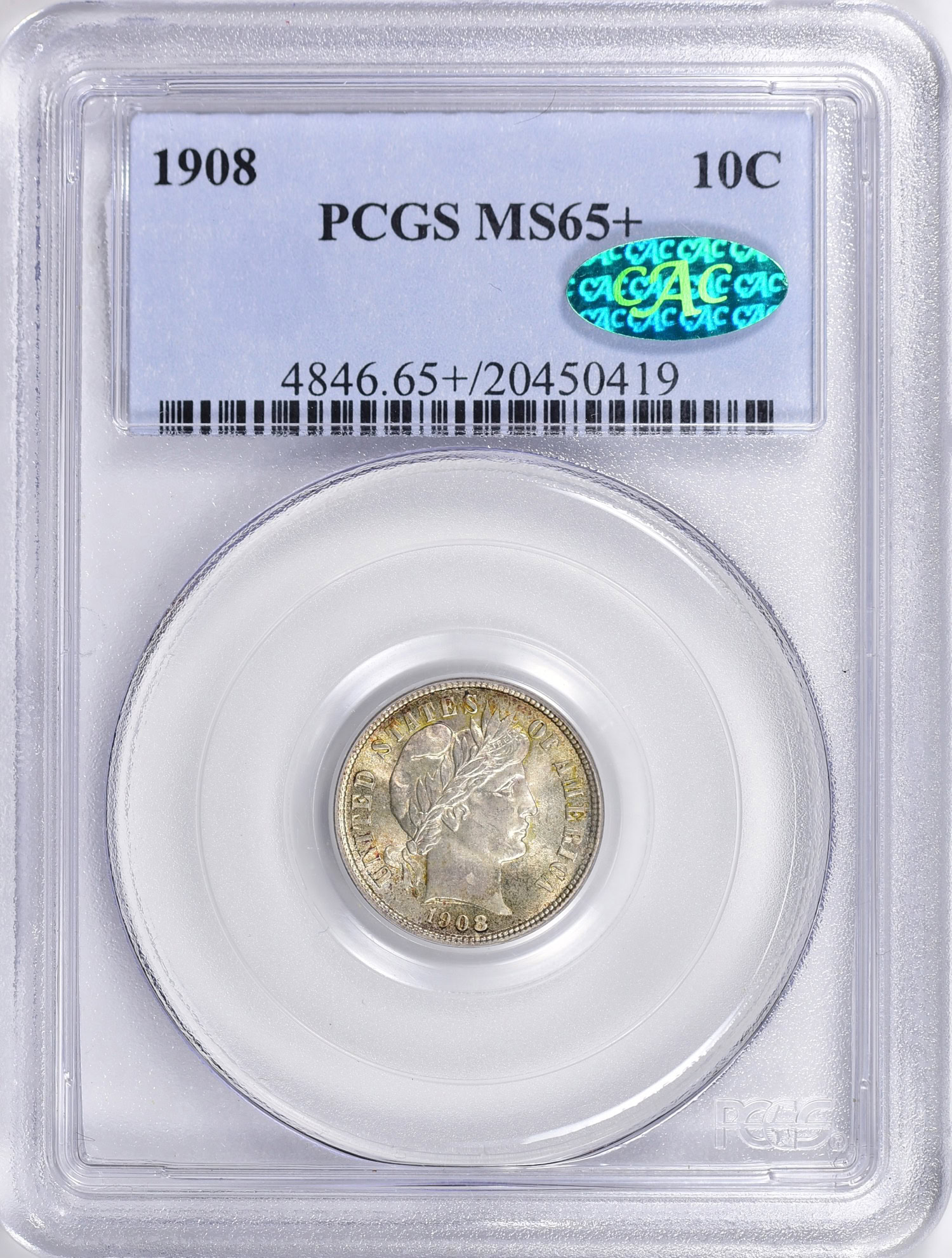 1908 Barber Dime PCGS MS-65+ (CAC Green) (Item 1888511