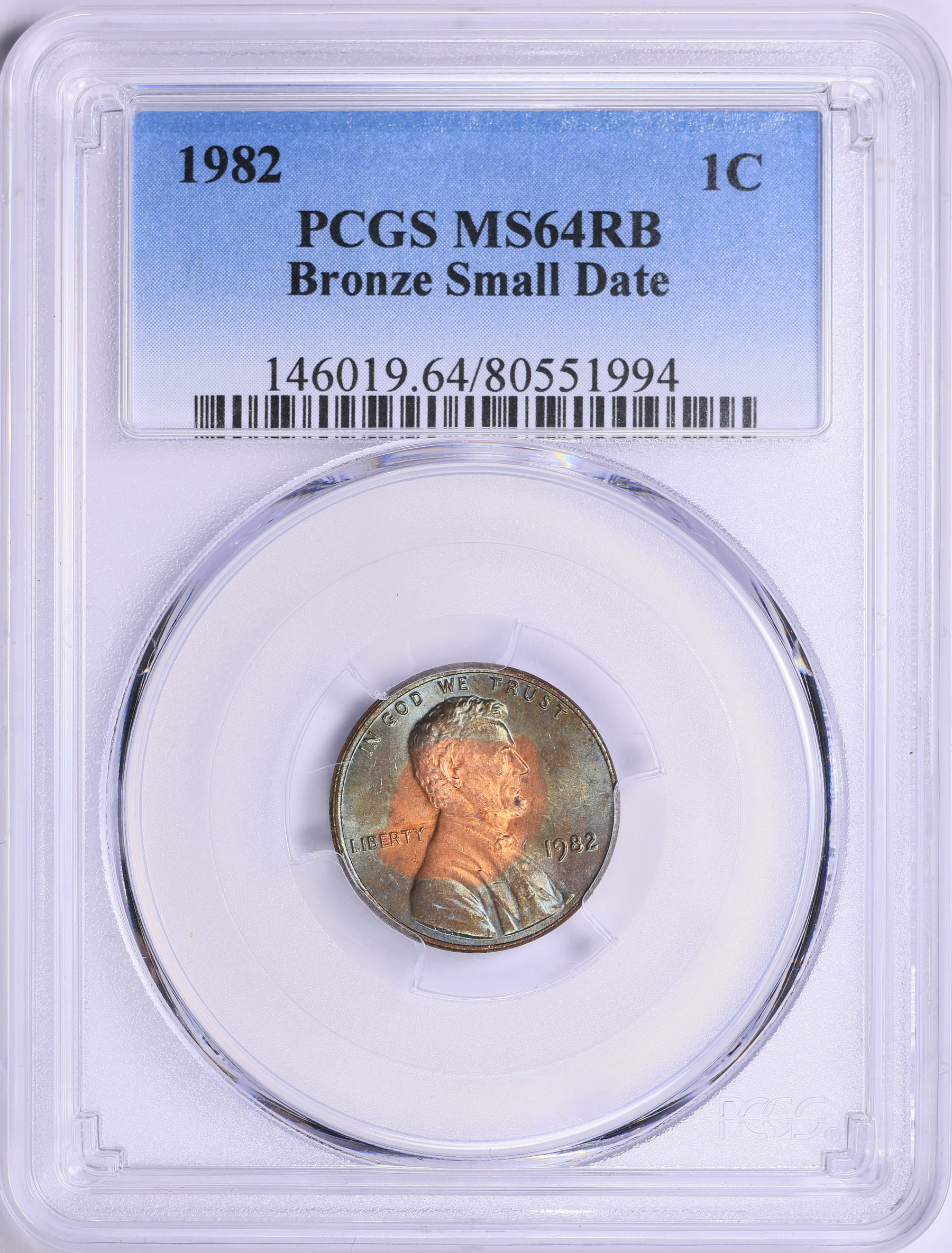 1982 Lincoln Cent Bronze Small Date PCGS MS-64 RB (Toned) (Item