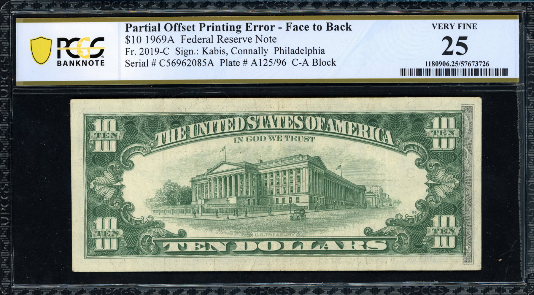 Off Set Error Banknote Fr. 2019-C (CA Block) 1969A $10 Philadelphia Federal Reserve Error Note ...